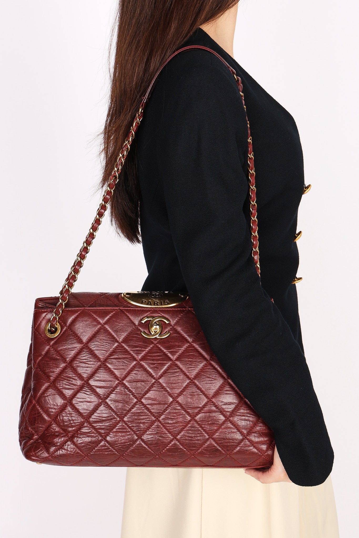 Chanel Front Turnlock Shoulder Bag Bordeaux Calfskin AGHW