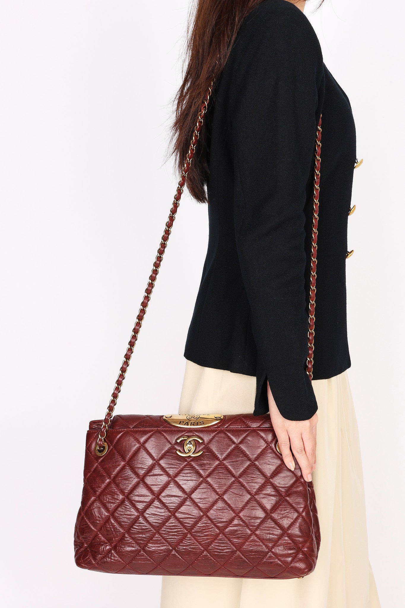 Chanel Front Turnlock Shoulder Bag Bordeaux Calfskin AGHW