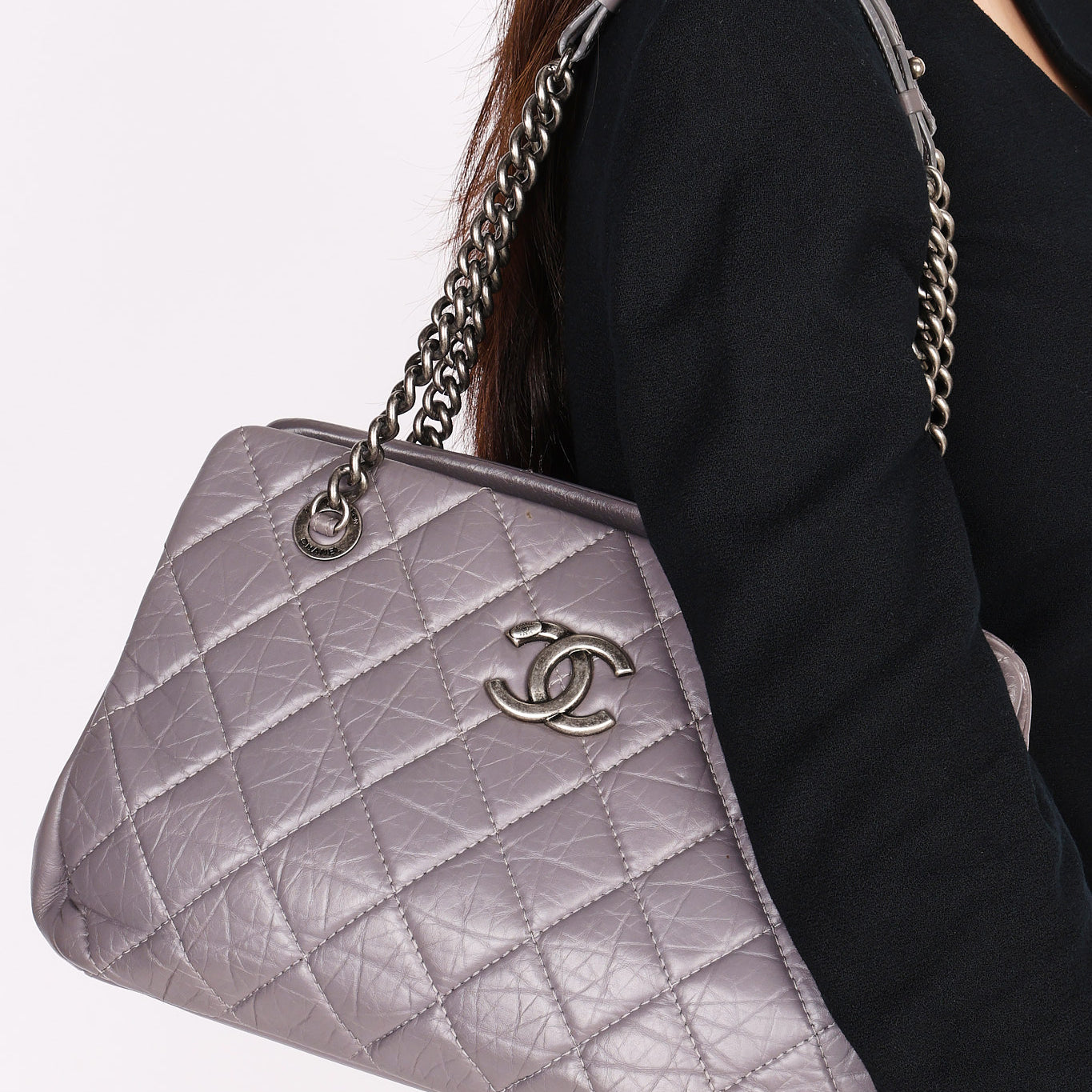 Chanel Shoulder Bag Gray Crinkled Calfskin RHW