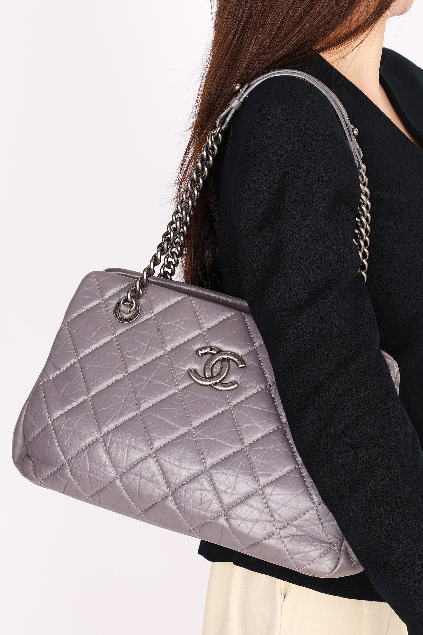 Chanel Shoulder Bag Gray Crinkled Calfskin RHW