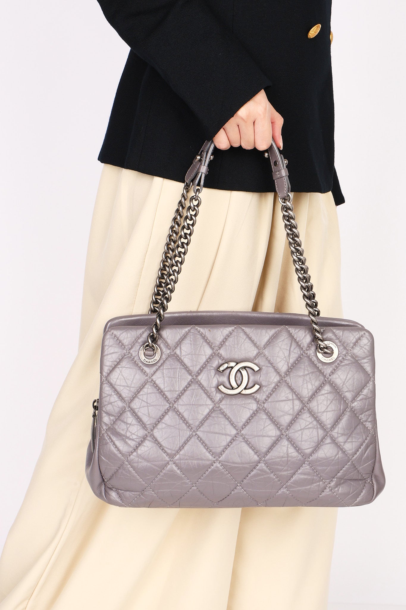 Chanel Shoulder Bag Gray Crinkled Calfskin RHW