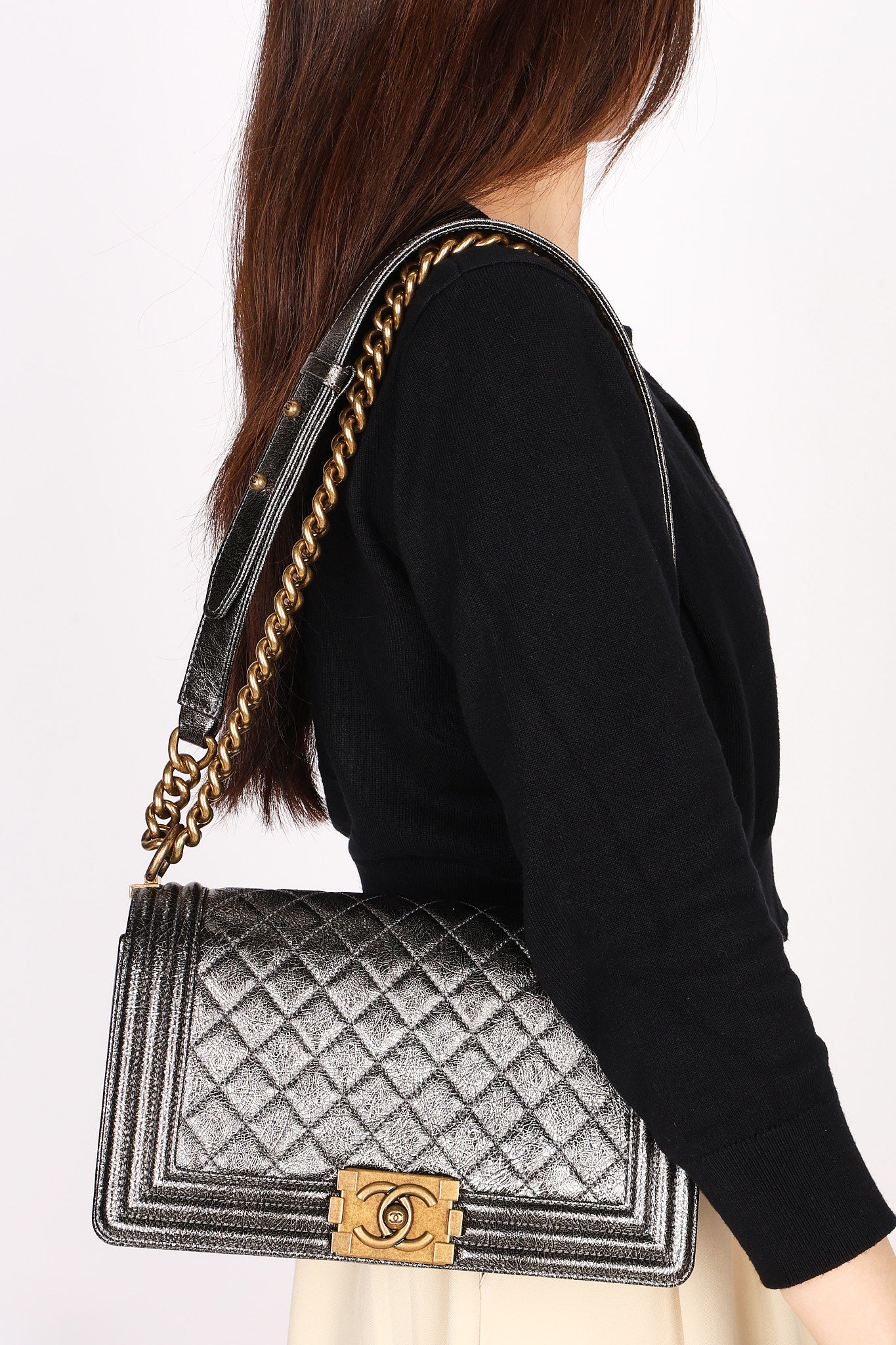 Chanel Medium Boy Bag Crackled Metallic Calfskin AGHW