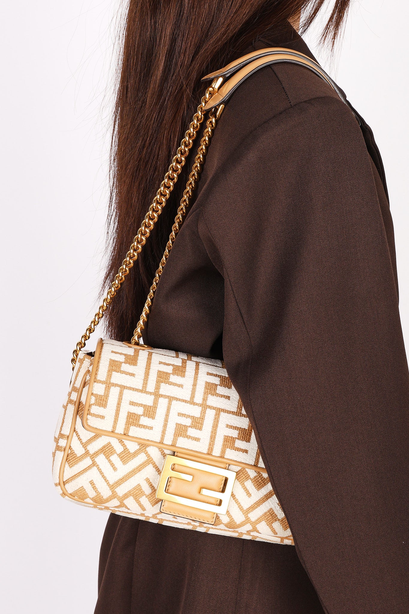 Fendi Zucca Raffia and Knit Midi Baguette GHW