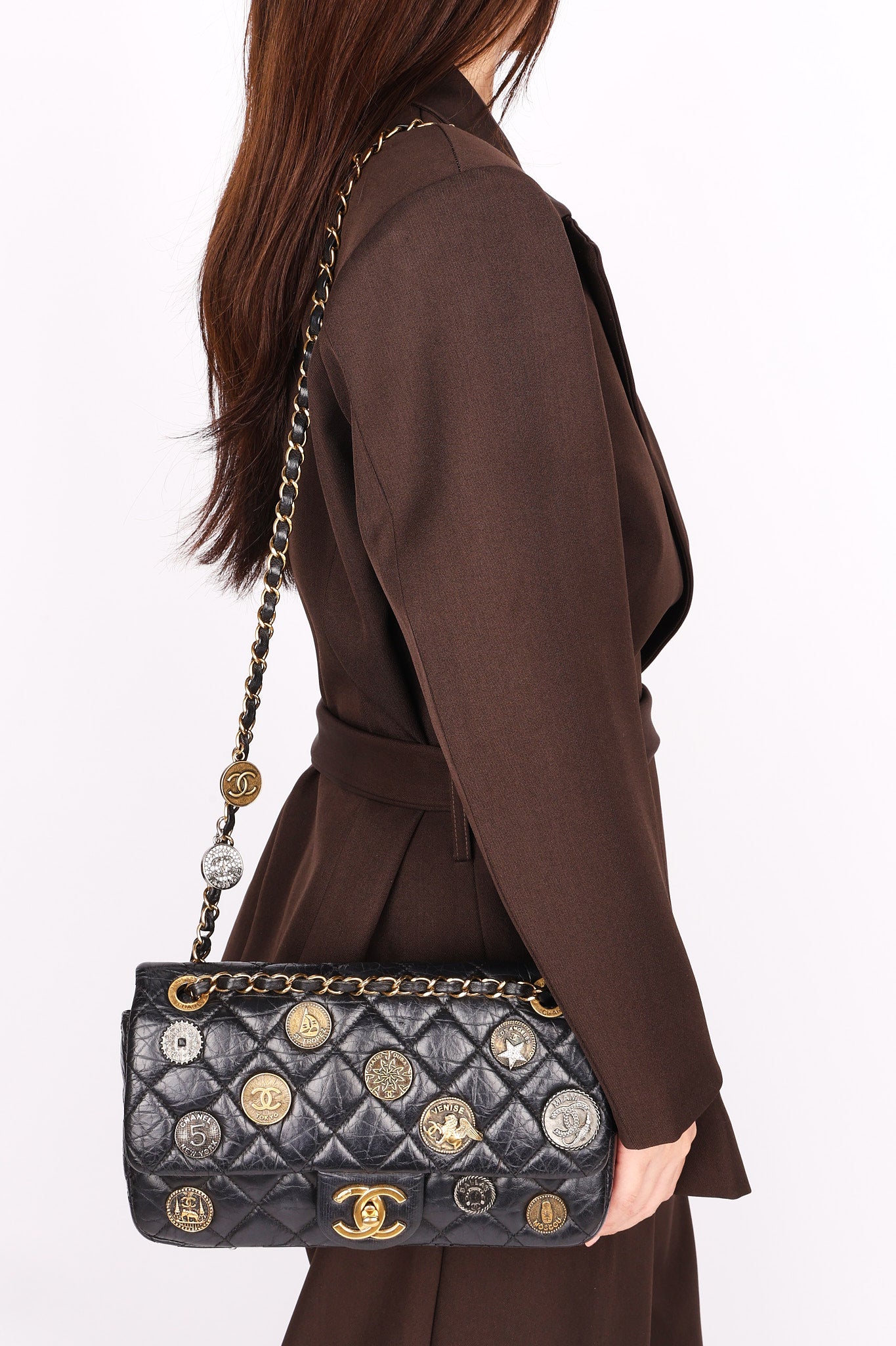 Limited Edition Chanel Paris-Dubai Medallions Single Flap Black Crinkled Calfskin 2015 AGHW