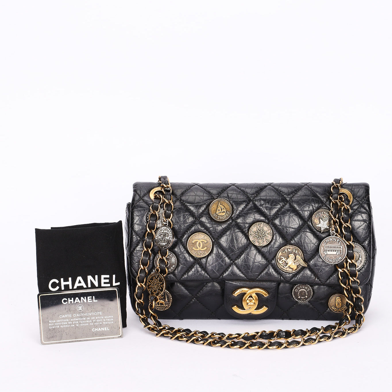 Limited Edition Chanel Paris-Dubai Medallions Single Flap Black Crinkled Calfskin 2015 AGHW