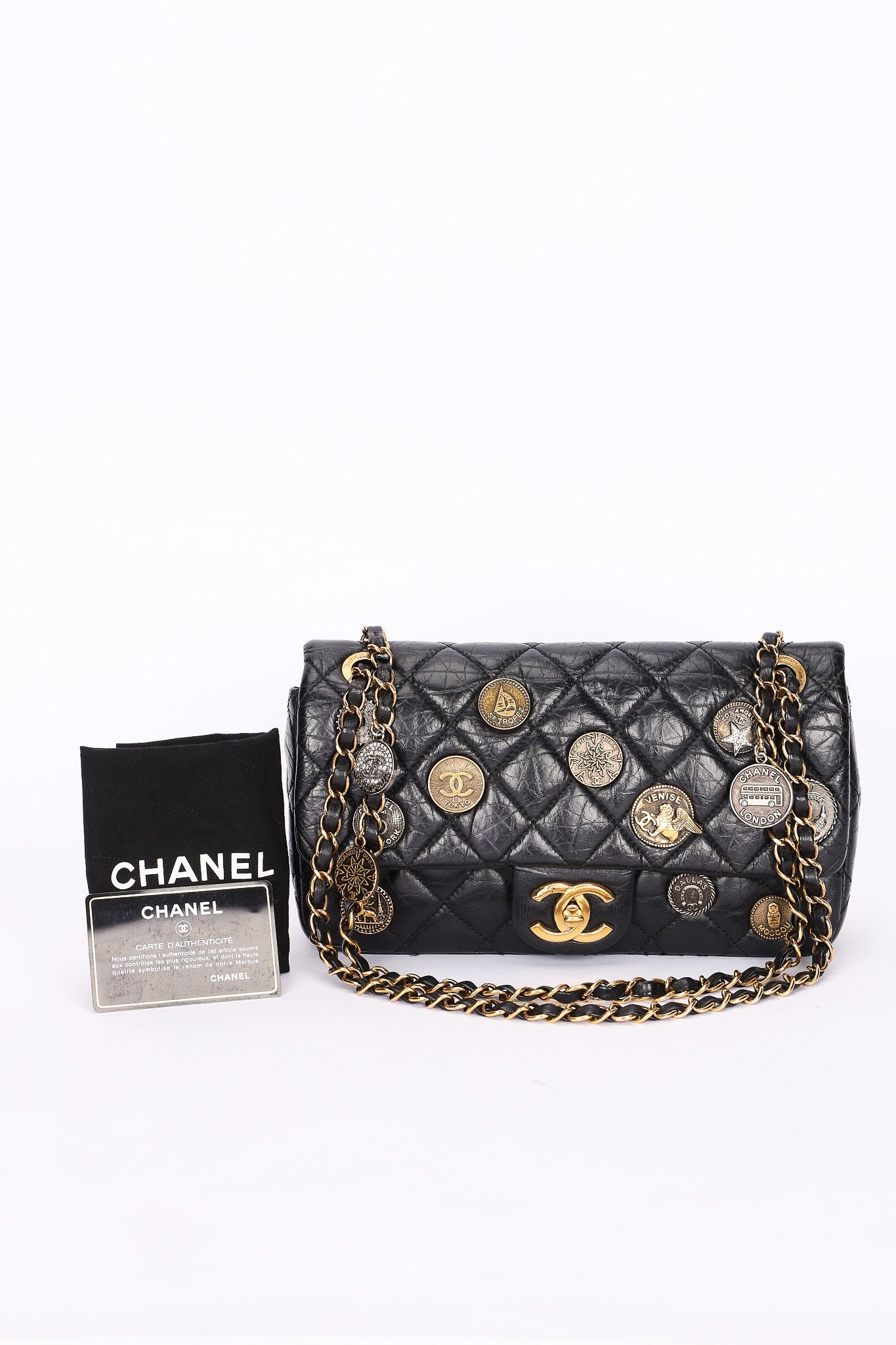Limited Edition Chanel Paris-Dubai Medallions Single Flap Black Crinkled Calfskin 2015 AGHW