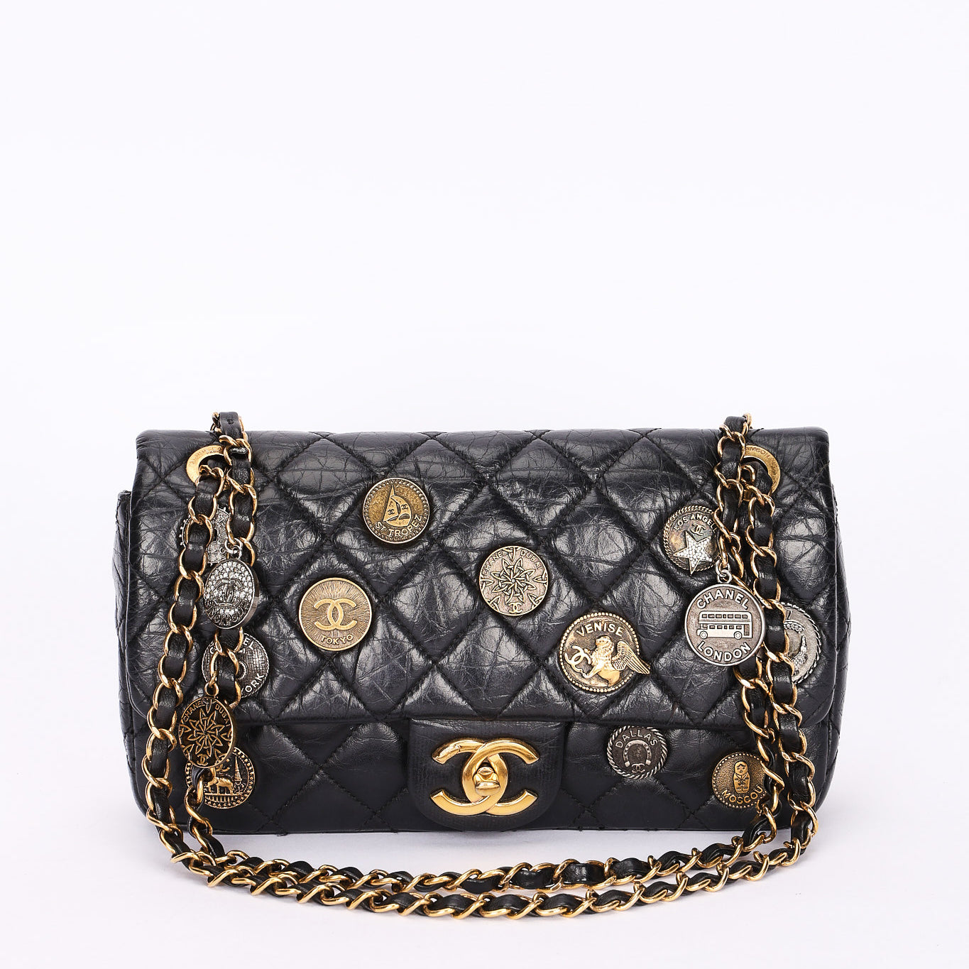 Limited Edition Chanel Paris-Dubai Medallions Single Flap Black Crinkled Calfskin 2015 AGHW