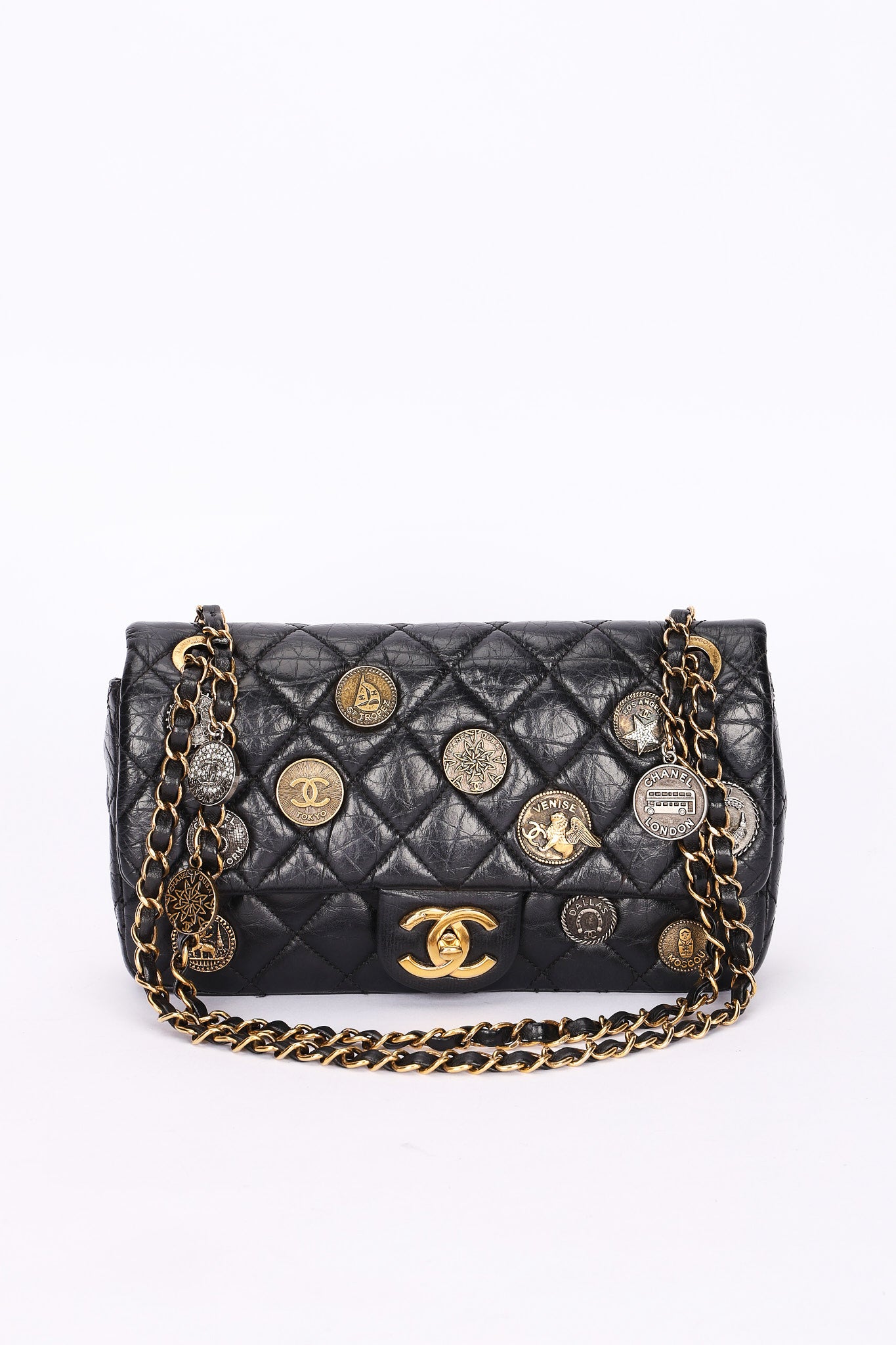 Limited Edition Chanel Paris-Dubai Medallions Single Flap Black Crinkled Calfskin 2015 AGHW