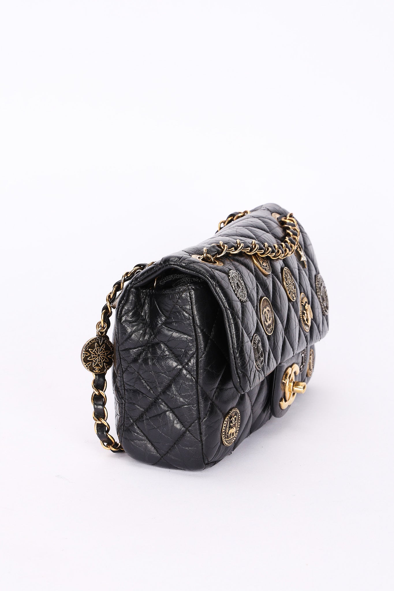 Limited Edition Chanel Paris-Dubai Medallions Single Flap Black Crinkled Calfskin 2015 AGHW