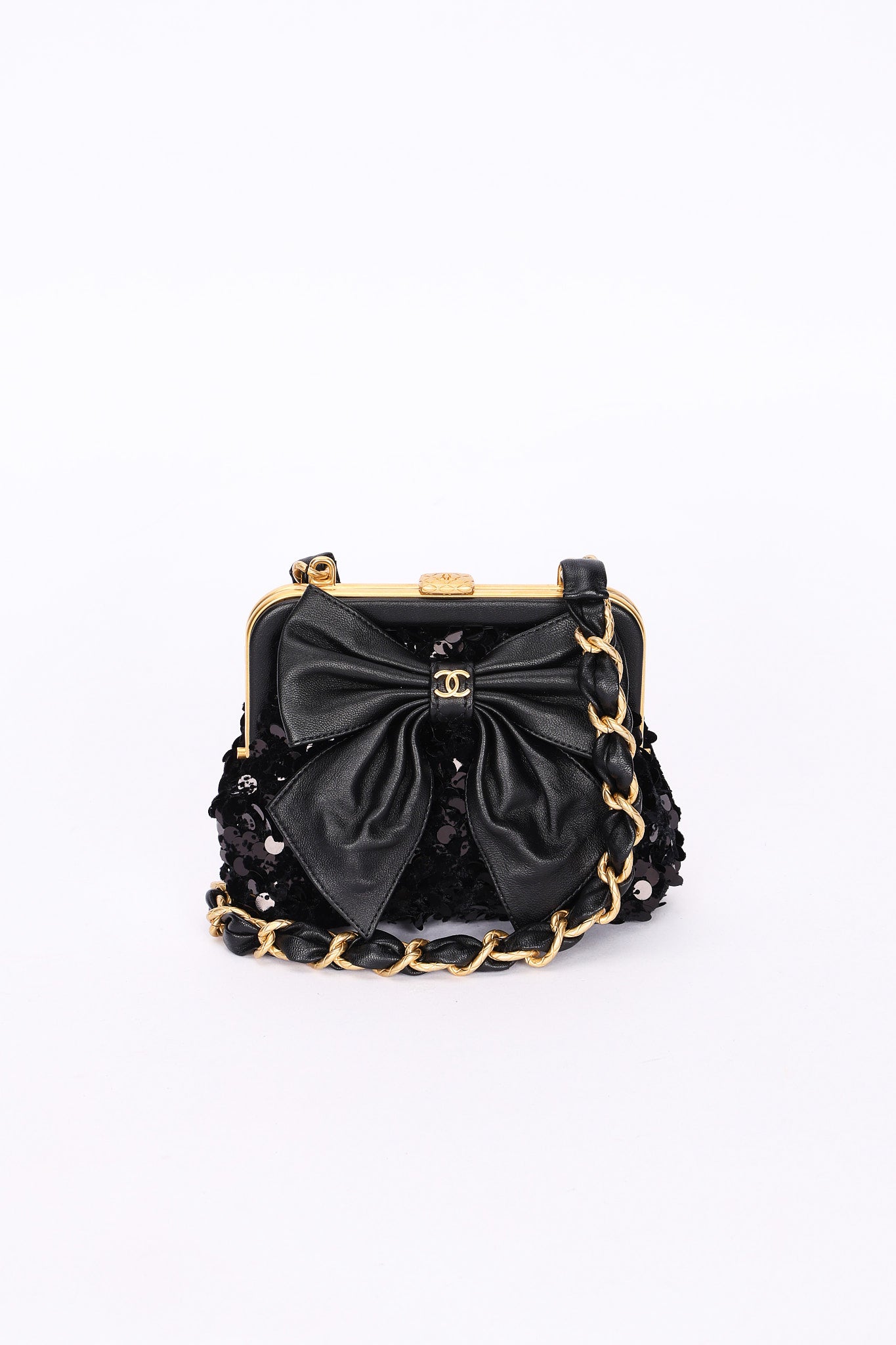 Chanel Bow Frame Clutch with Chain Black Lambskin AGHW