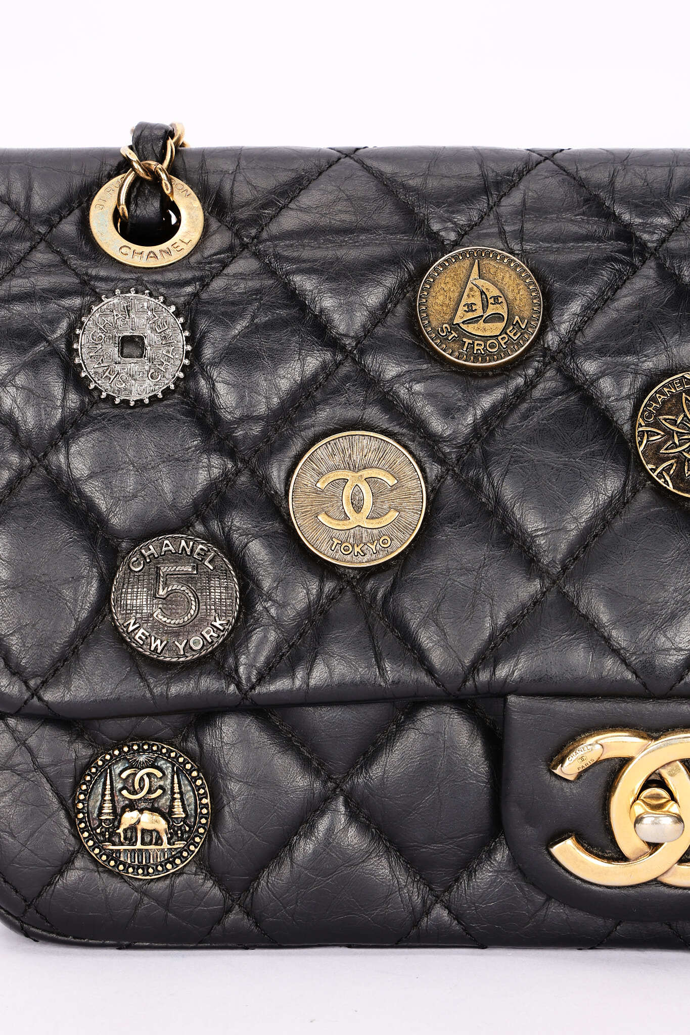 Rare Chanel Medallion Coin Medium Single Flap Black Crinkled Calfskin 2015 MMHW