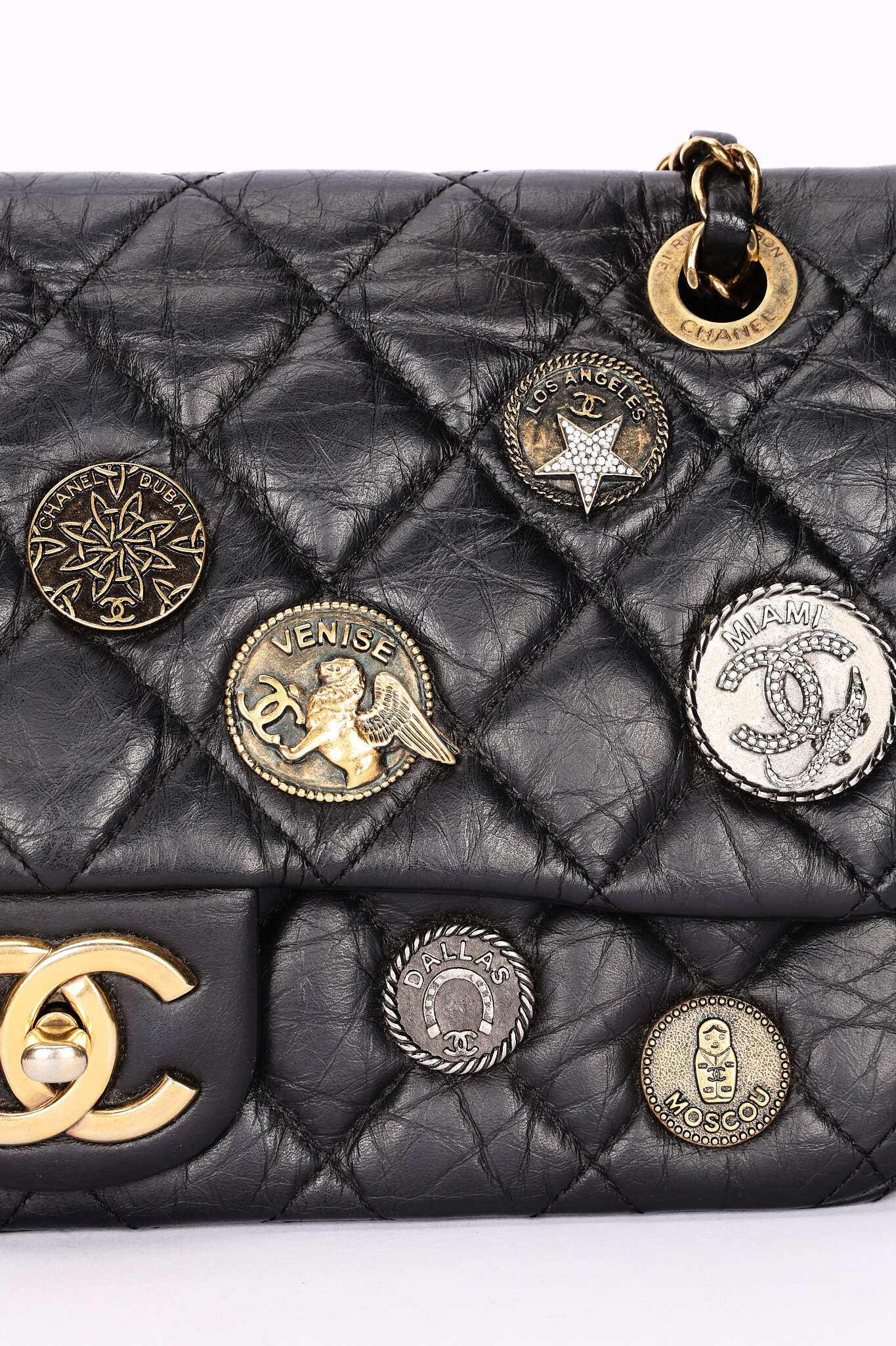 Rare Chanel Medallion Coin Medium Single Flap Black Crinkled Calfskin 2015 MMHW