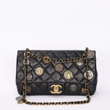 Rare Chanel Medallion Coin Medium Single Flap Black Crinkled Calfskin 2015 MMHW