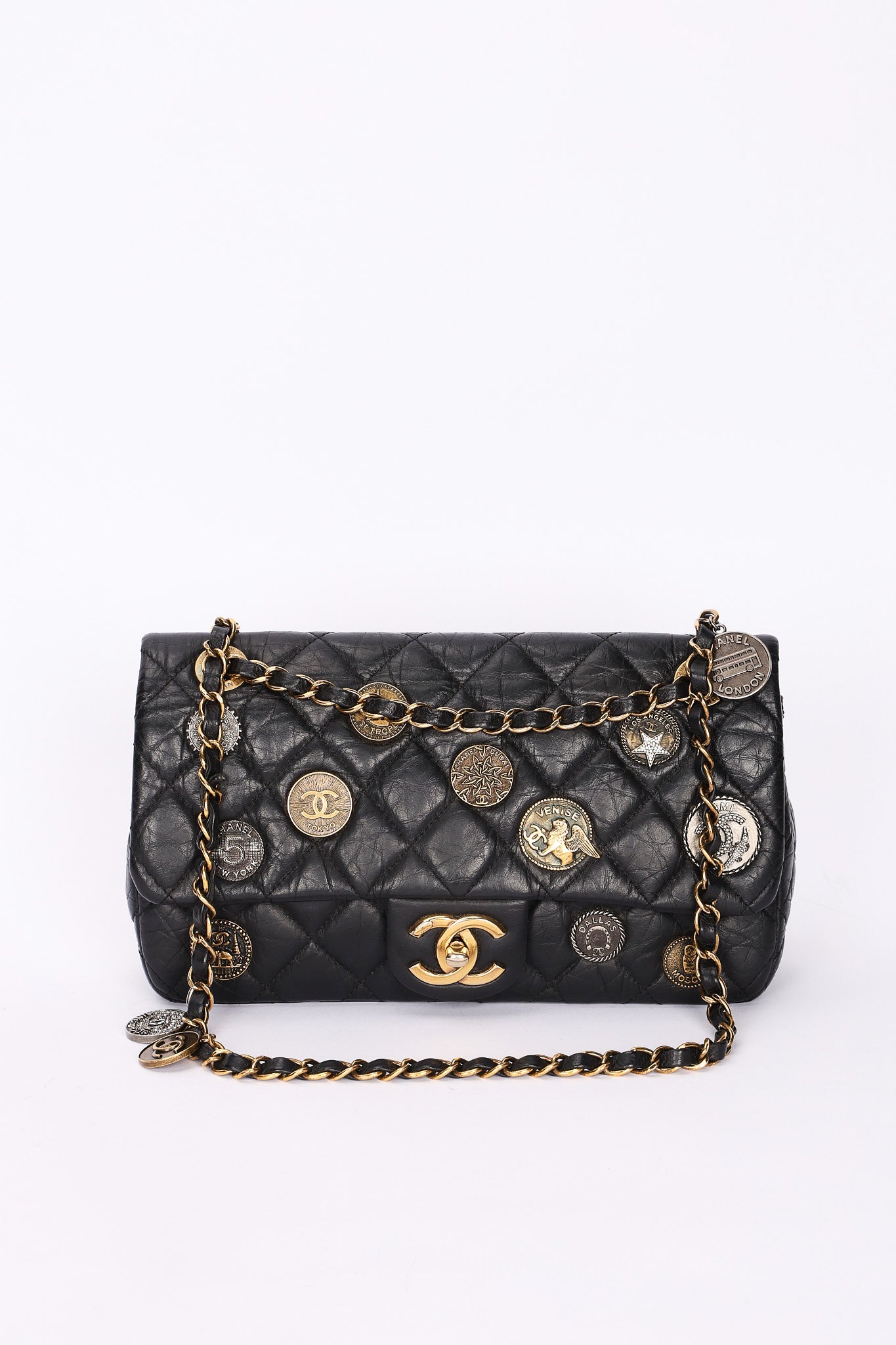 Rare Chanel Medallion Coin Medium Single Flap Black Crinkled Calfskin 2015 MMHW