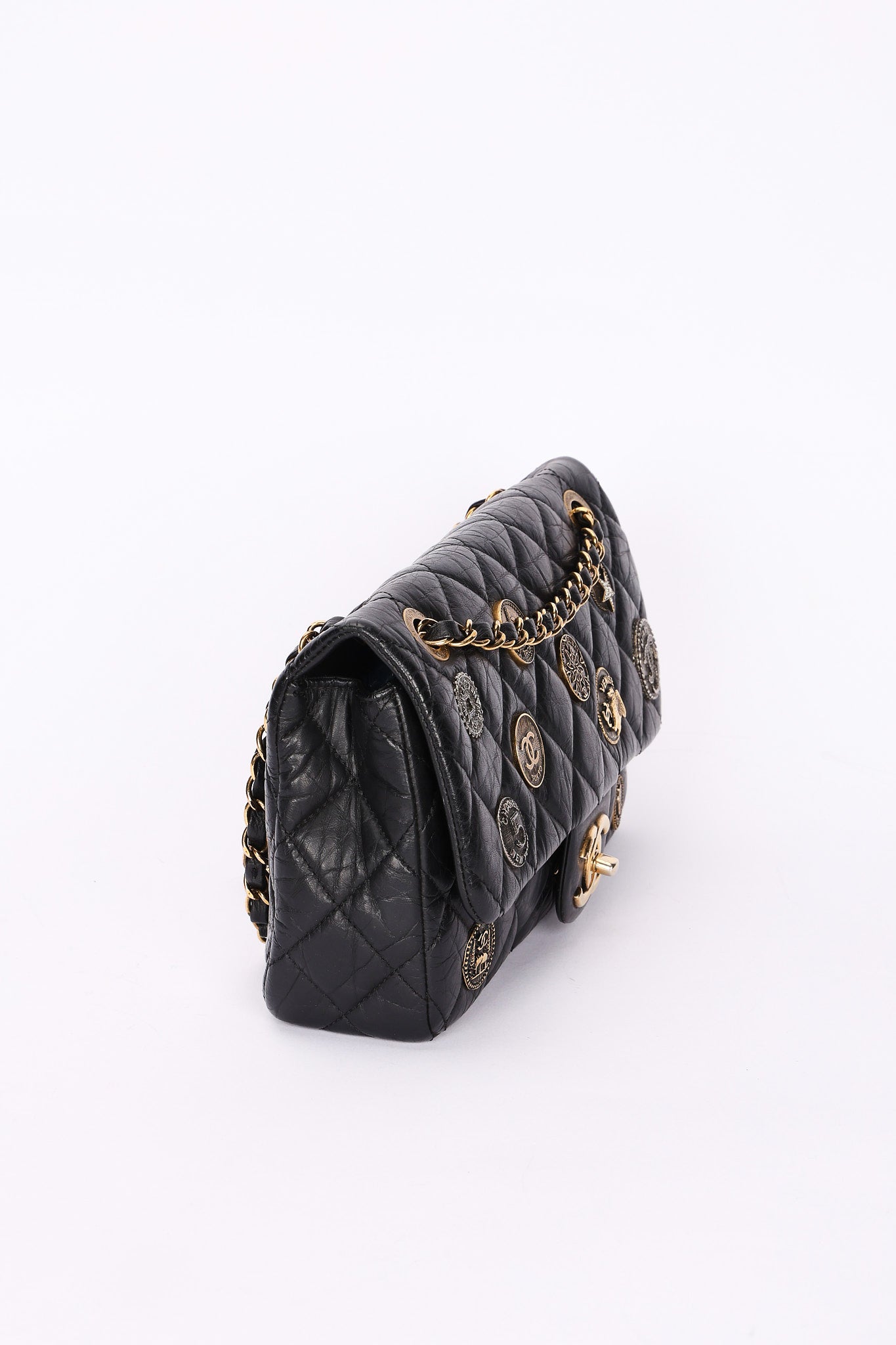Rare Chanel Medallion Coin Medium Single Flap Black Crinkled Calfskin 2015 MMHW