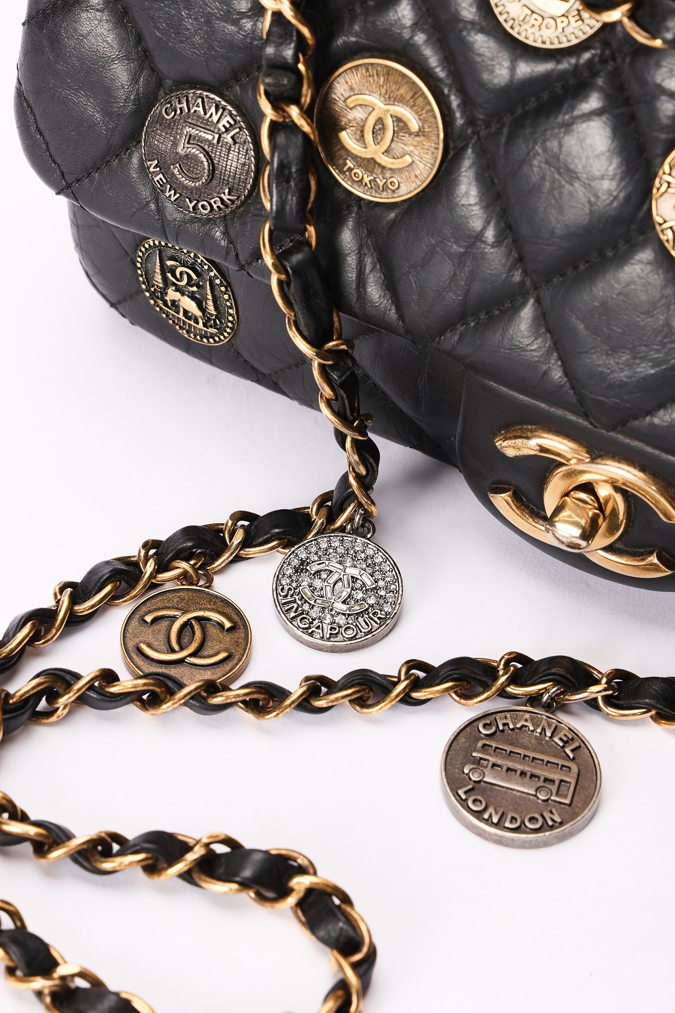 Rare Chanel Medallion Coin Medium Single Flap Black Crinkled Calfskin 2015 MMHW