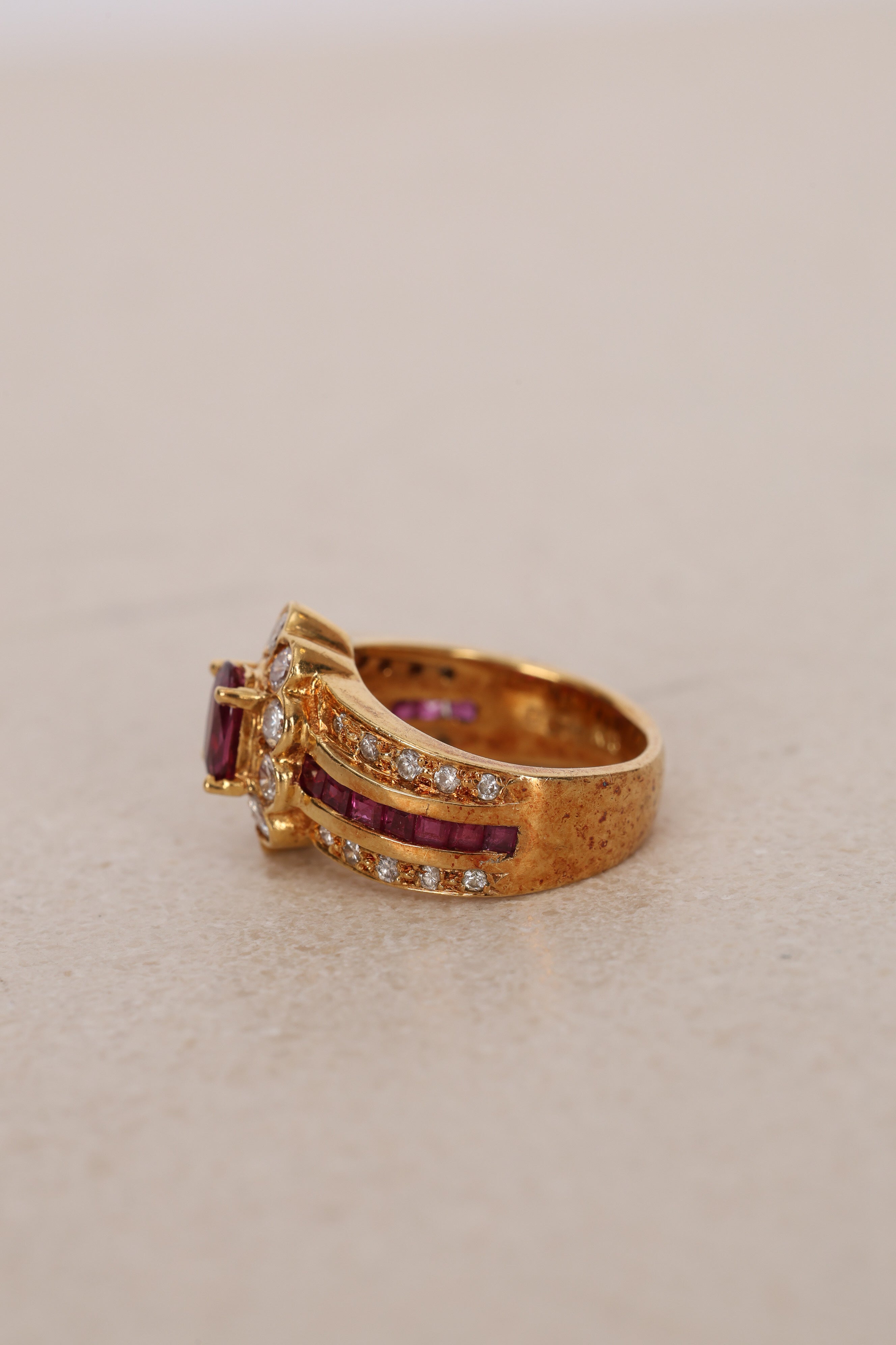 18K Yellow Gold Ruby and Diamond Flower Halo Ring, Size US 4 - Drop 12