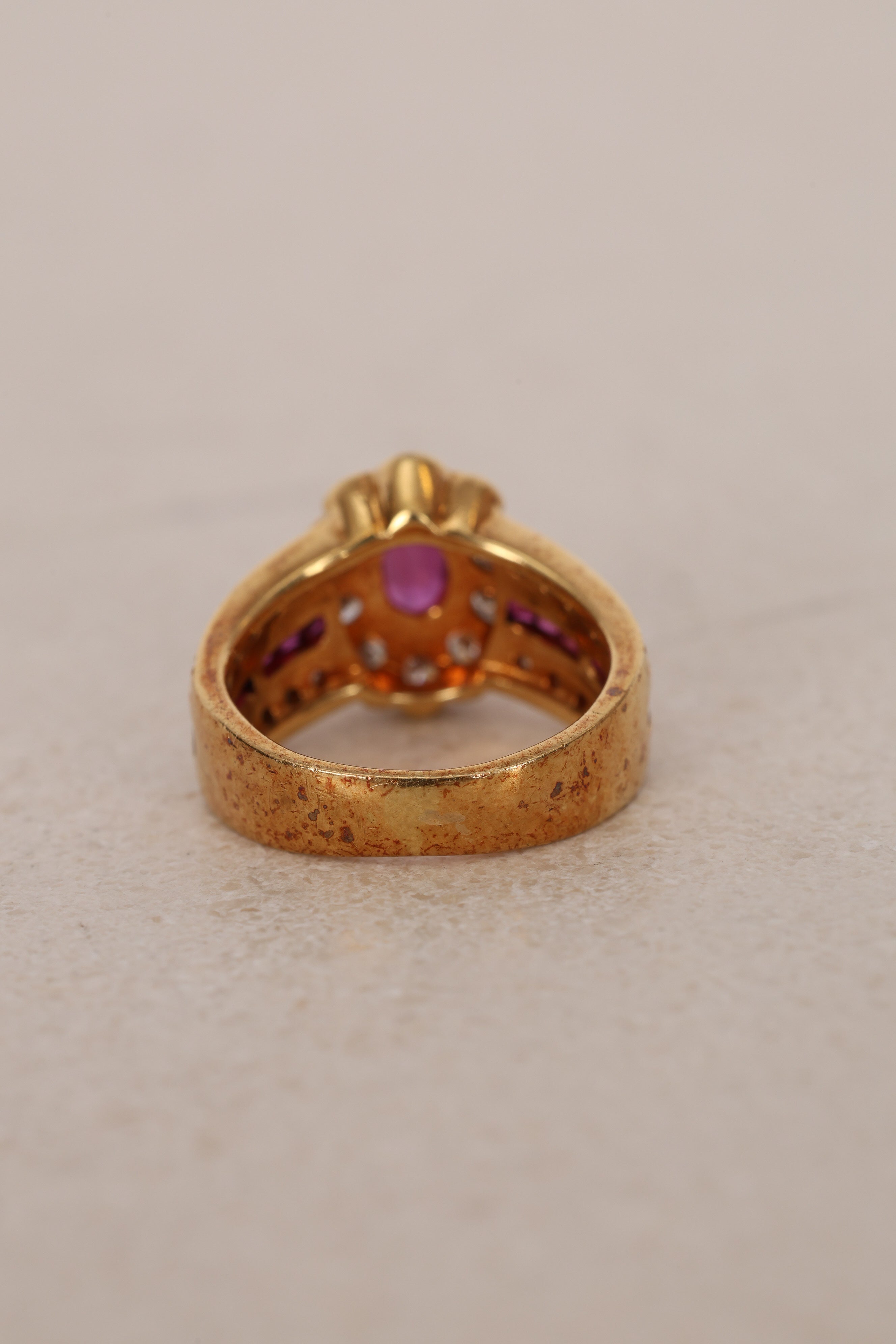 18K Yellow Gold Ruby and Diamond Flower Halo Ring, Size US 4 - Drop 12