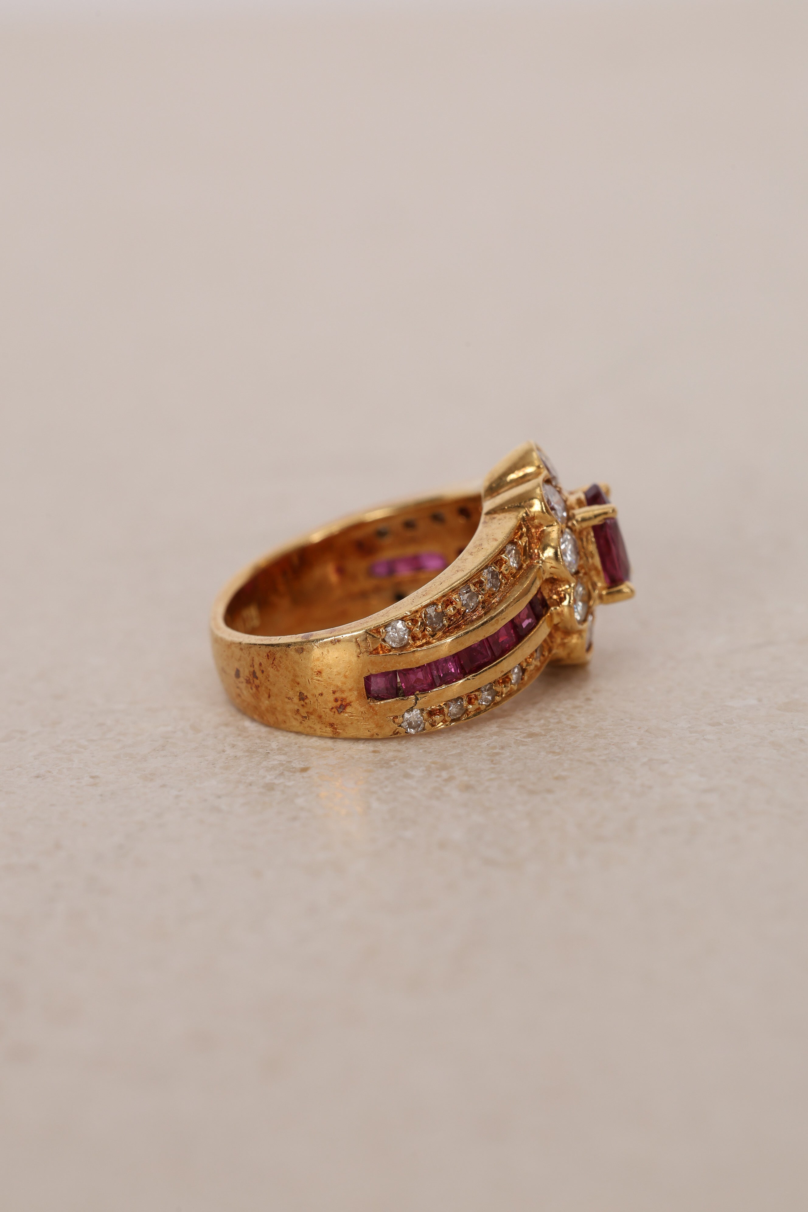 18K Yellow Gold Ruby and Diamond Flower Halo Ring, Size US 4 - Drop 12