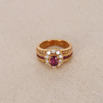 18K Yellow Gold Ruby and Diamond Flower Halo Ring, Size US 4