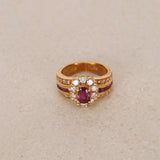 18K Yellow Gold Ruby and Diamond Flower Halo Ring, Size US 4