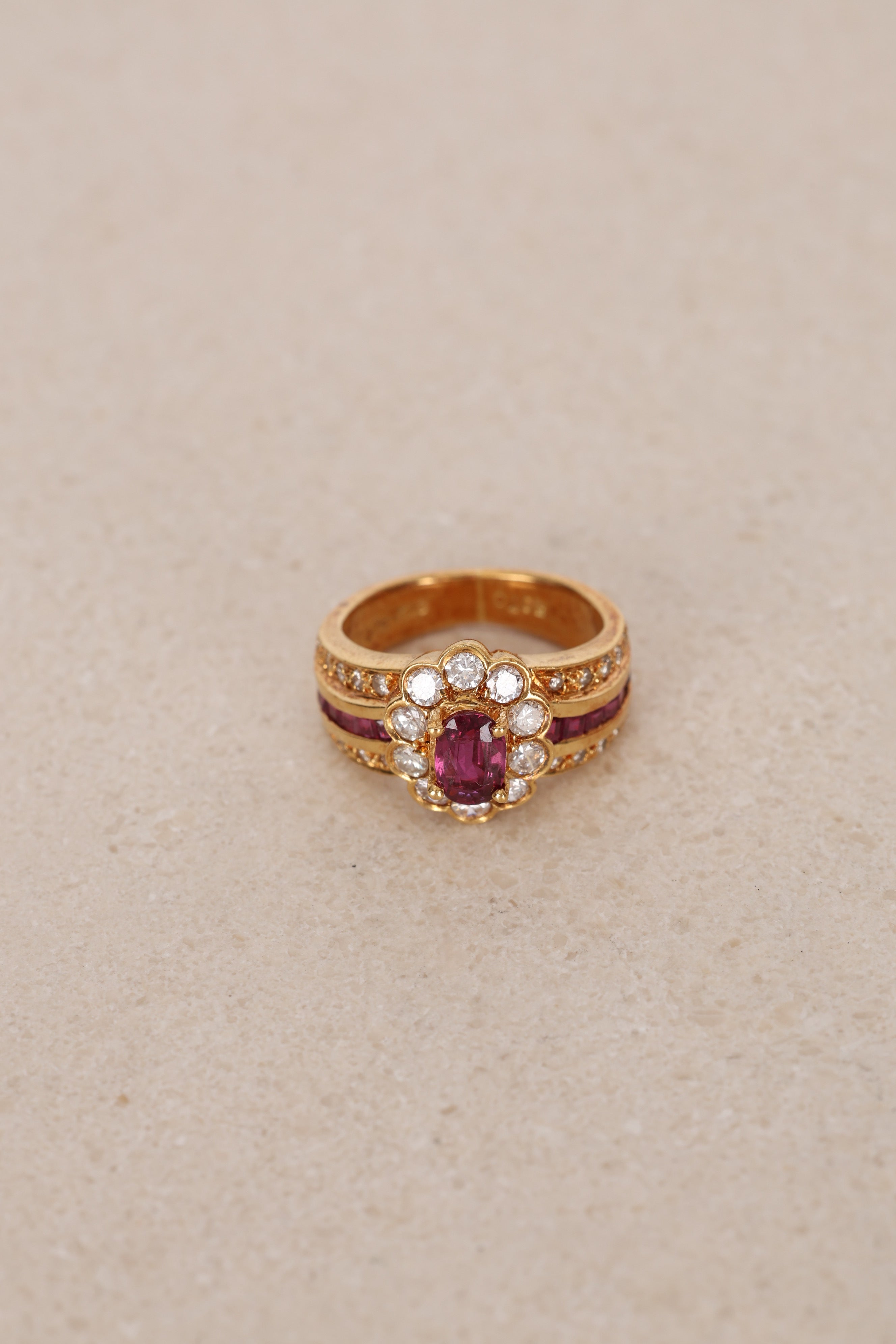18K Yellow Gold Ruby and Diamond Flower Halo Ring, Size US 4