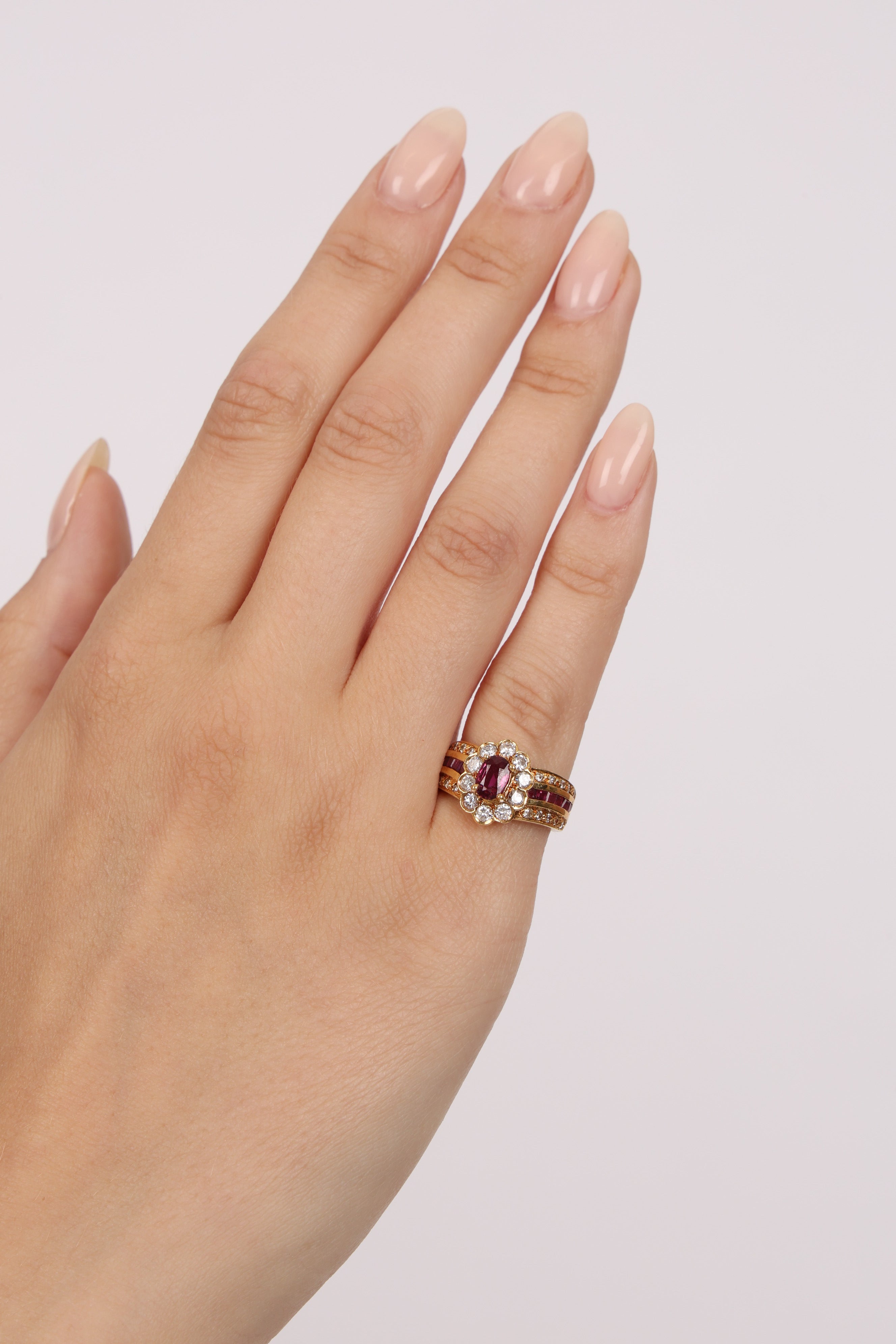 18K Yellow Gold Ruby and Diamond Flower Halo Ring, Size US 4