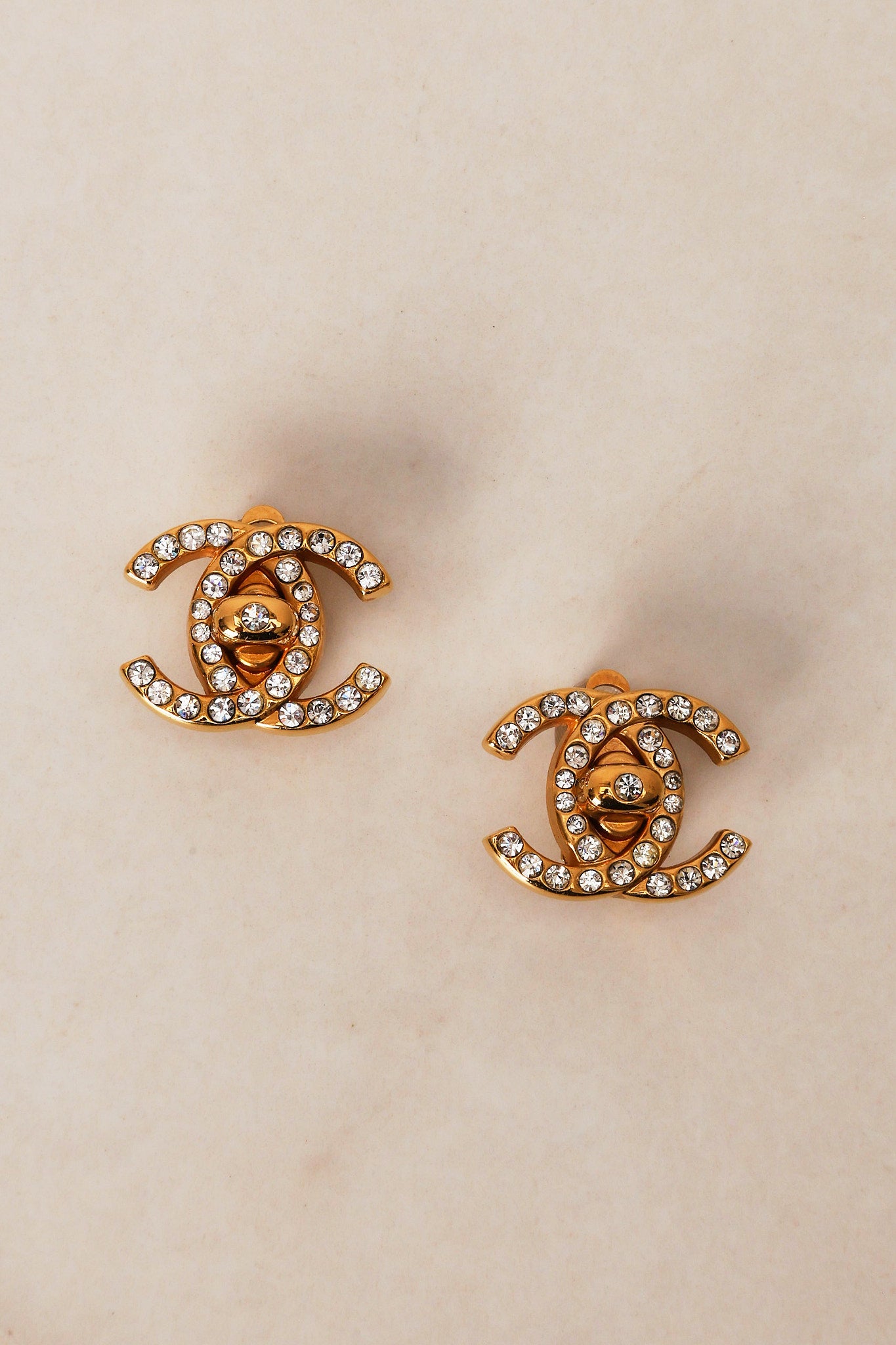 Chanel 1996 Crystal Embellished CC Turnlock Clip-On Earrings