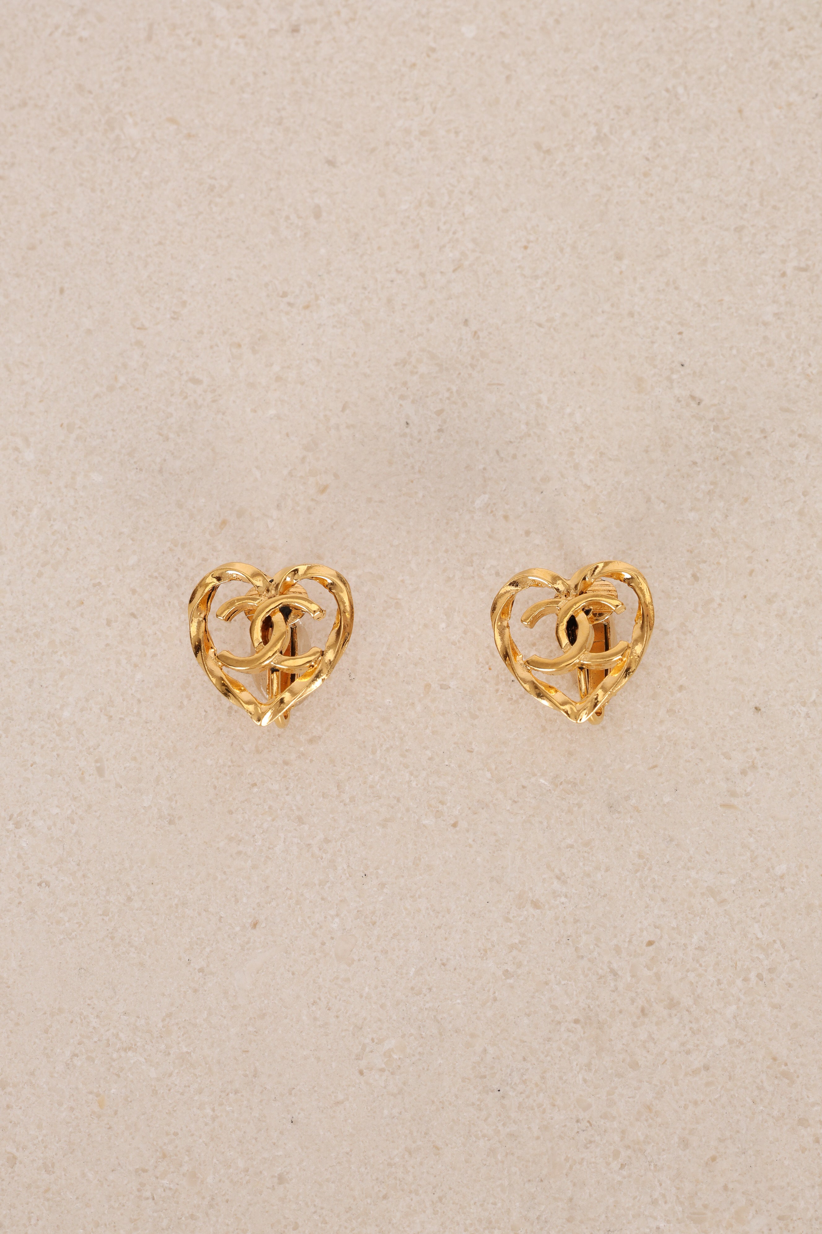 Chanel 70s-80s Heart CC Clip-On Earrings 24K GP