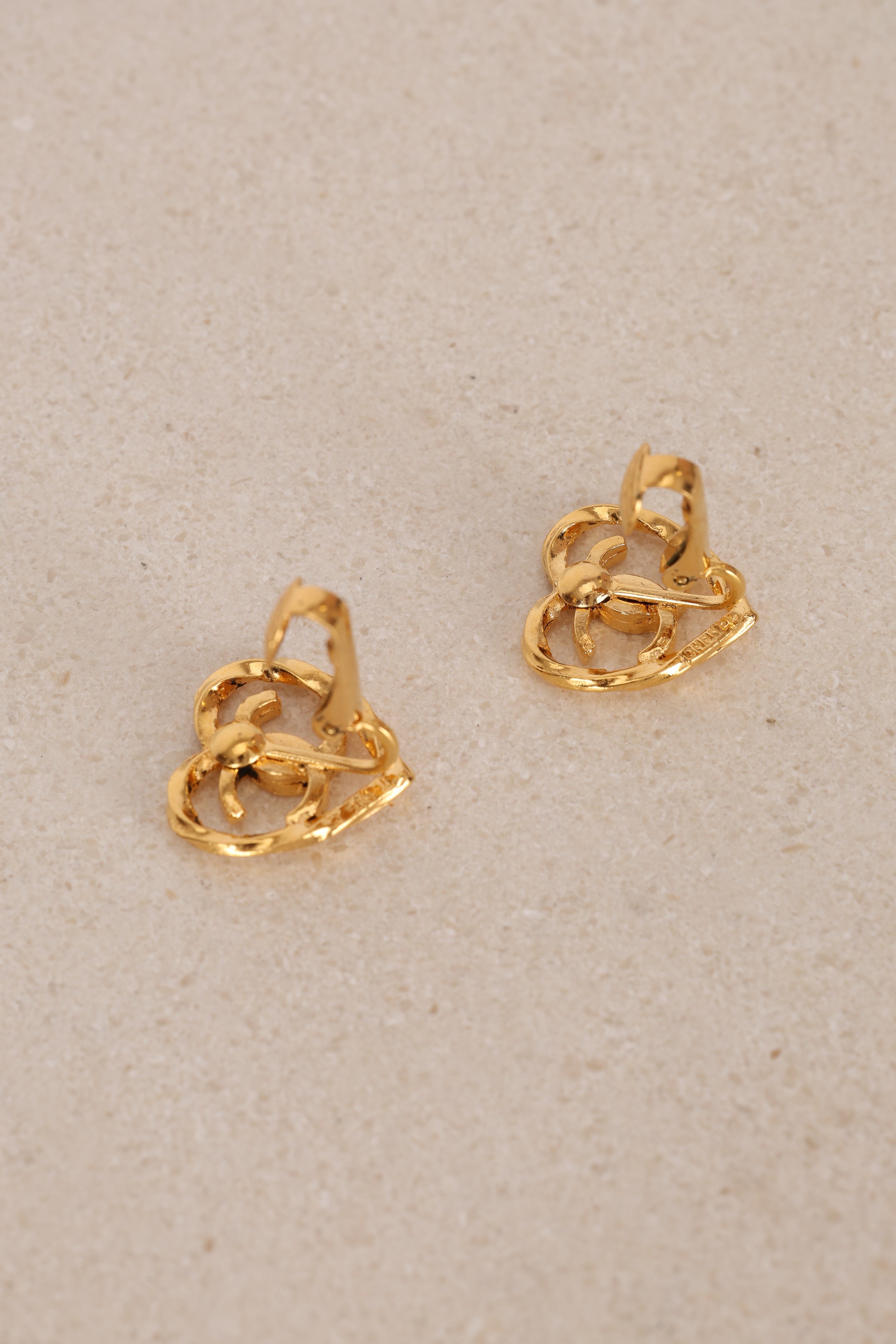 Chanel 70s-80s Heart CC Clip-On Earrings 24K GP