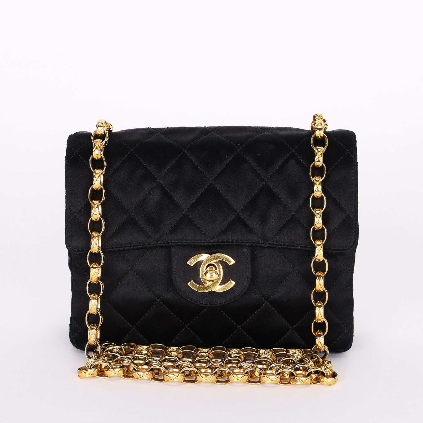 Rare Chanel Mini Square Flap Bijoux Chain Black Satin 1994 24K GP