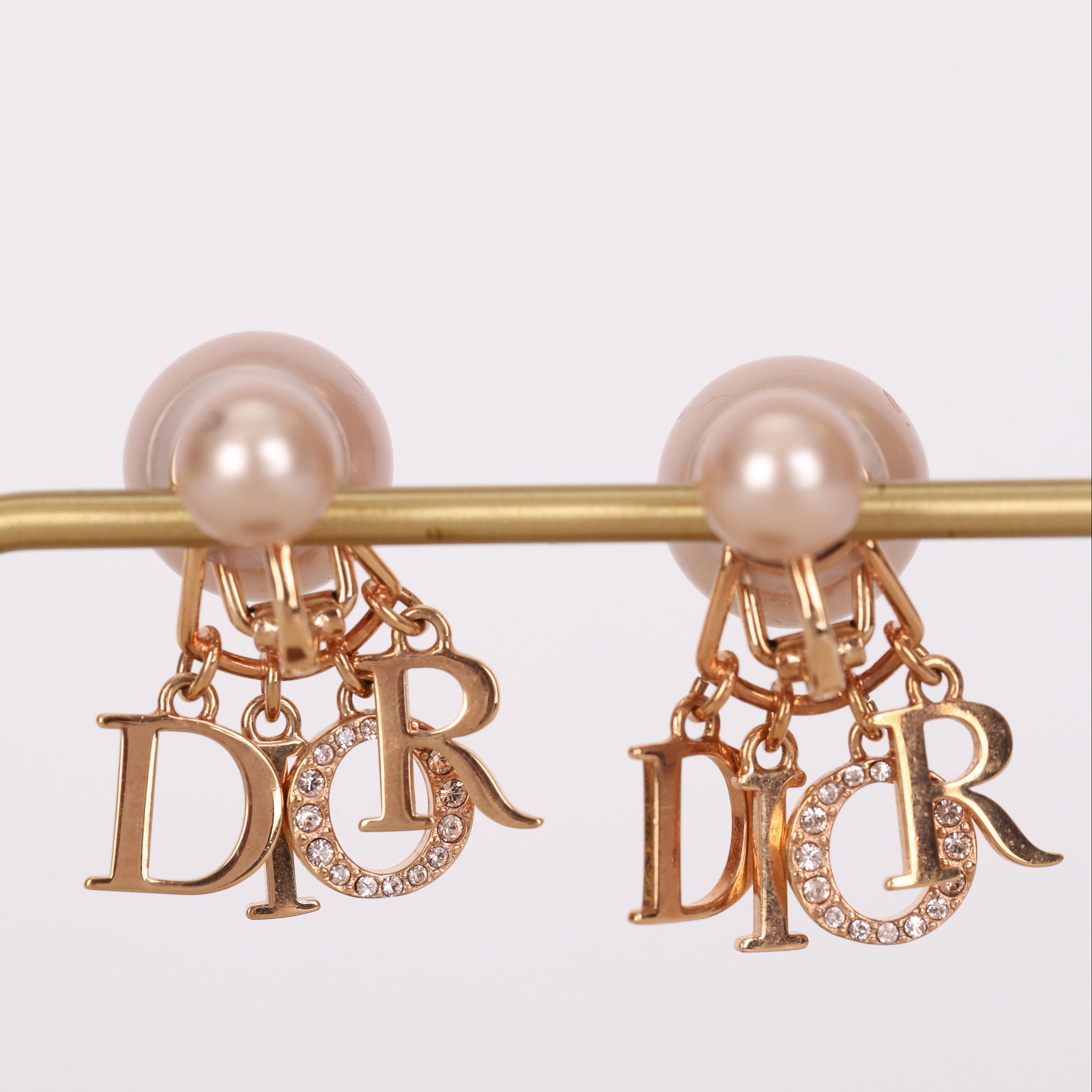 Dior Rose Gold Logo Pearl Clip-On Earrings