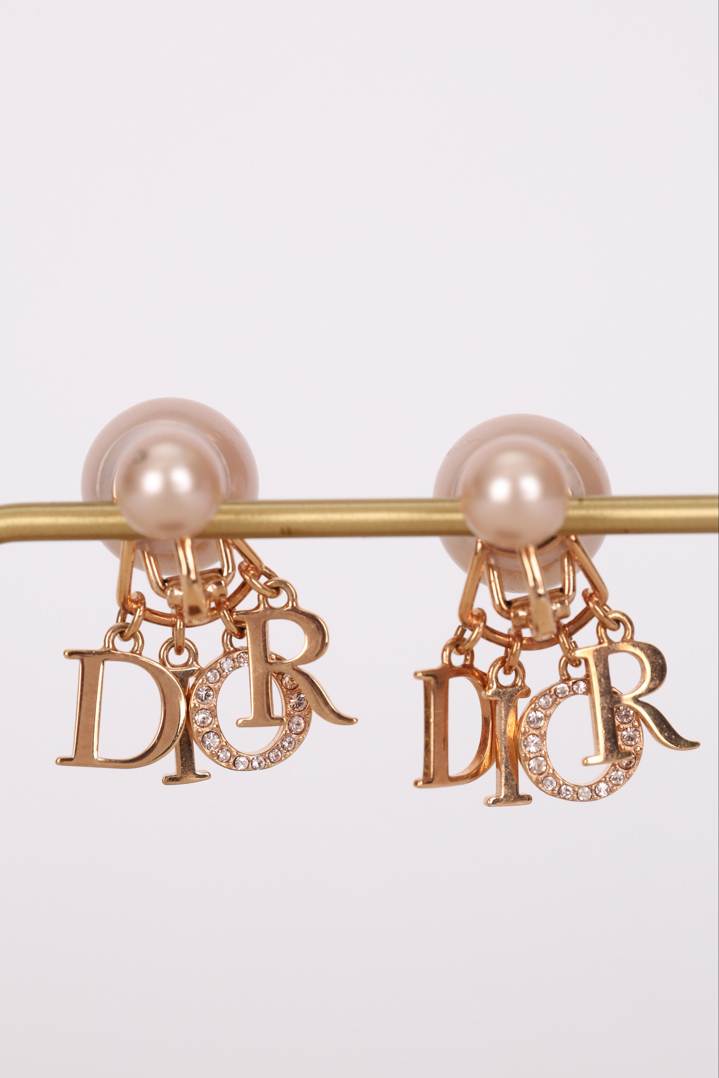 Dior Rose Gold Logo Pearl Clip-On Earrings