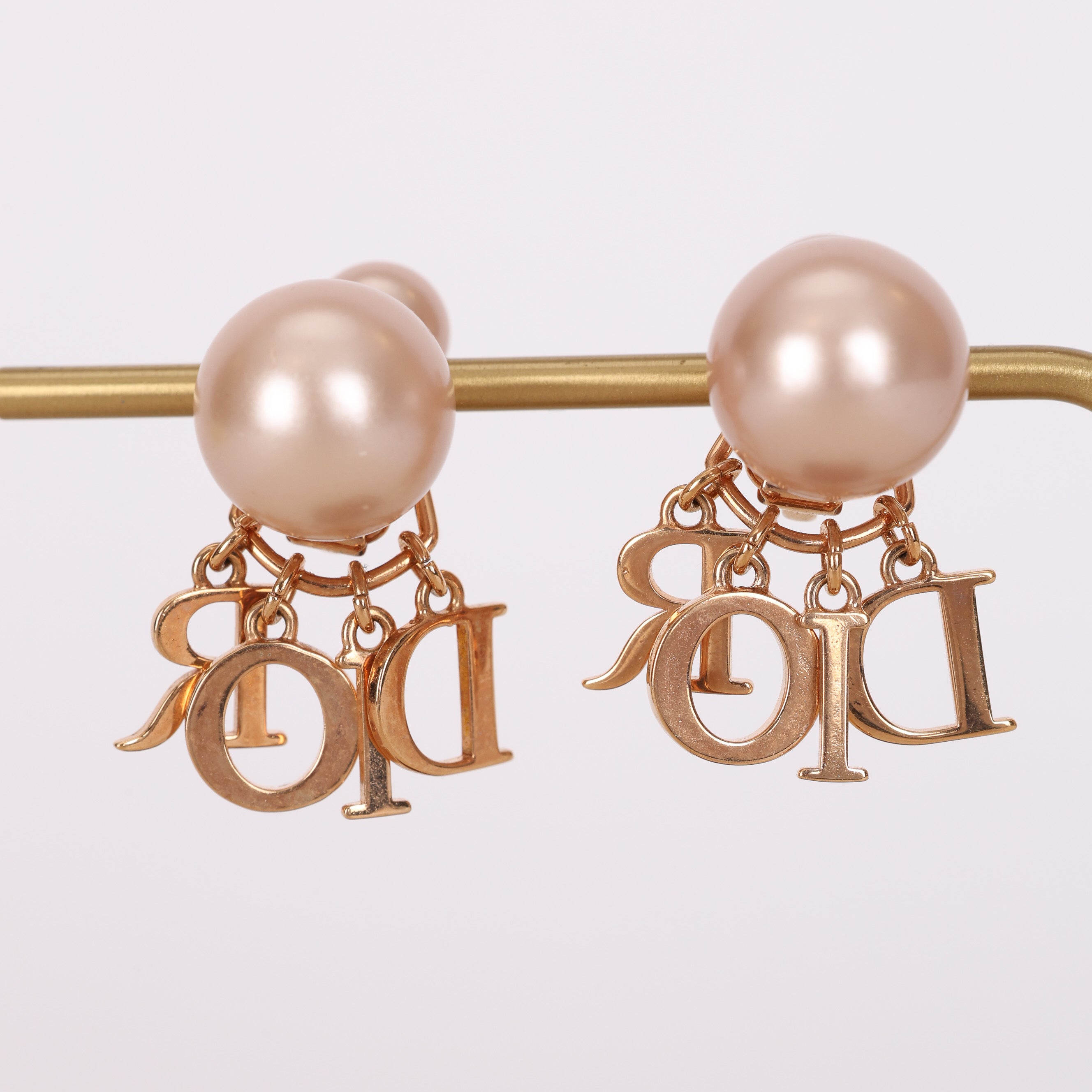 Dior Rose Gold Logo Pearl Clip-On Earrings