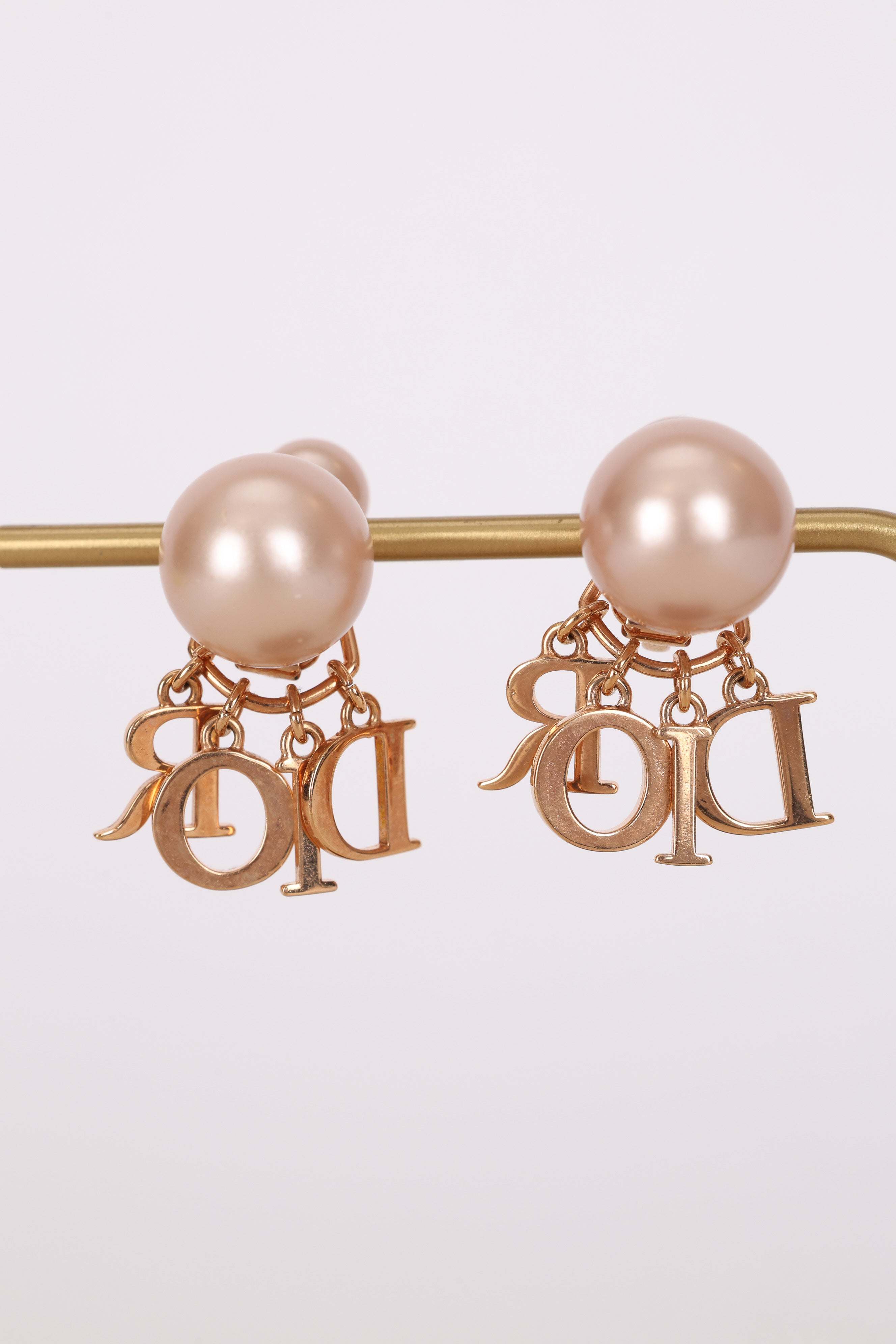 Dior Rose Gold Logo Pearl Clip-On Earrings