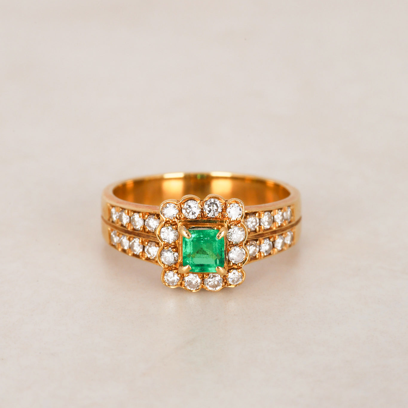 Vintage 1990s 18K Yellow Gold Asscher Cut Emerald and Diamond Halo Ring, Size US 6