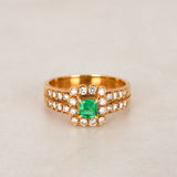 Vintage 1990s 18K Yellow Gold Asscher Cut Emerald and Diamond Halo Ring, Size US 6