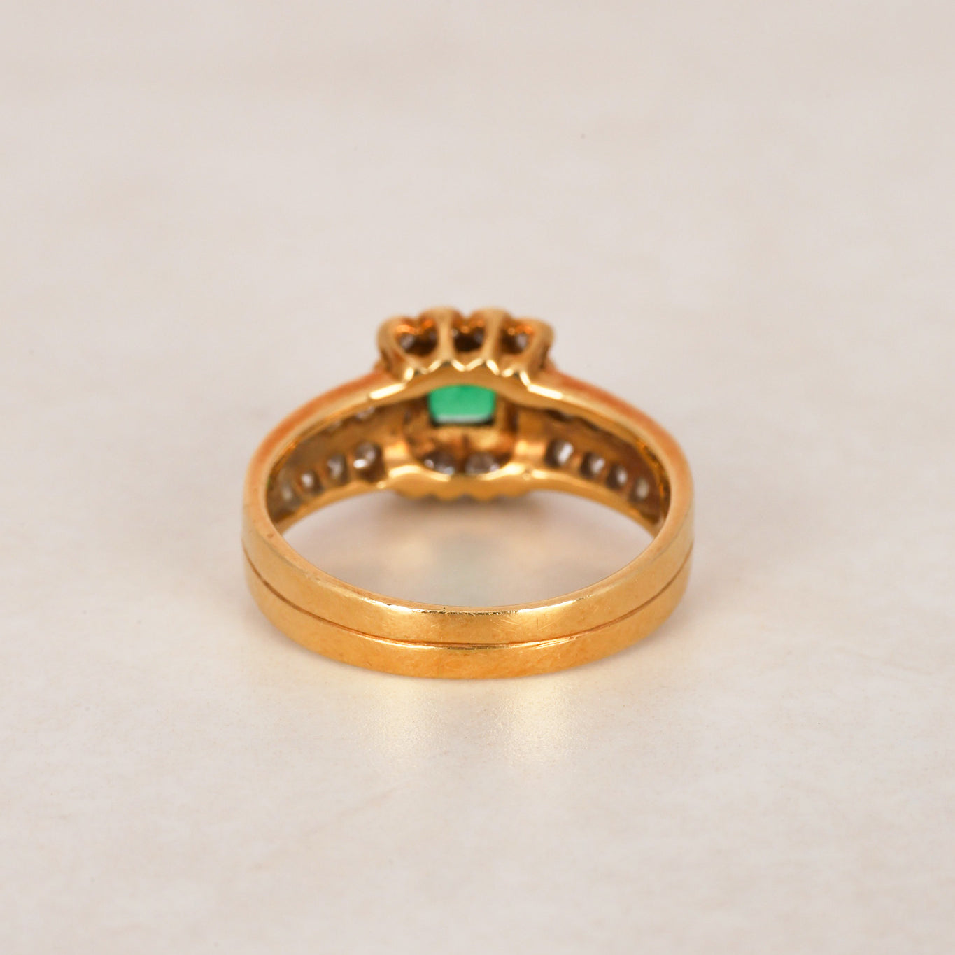 Vintage 1990s 18K Yellow Gold Asscher Cut Emerald and Diamond Halo Ring, Size US 6
