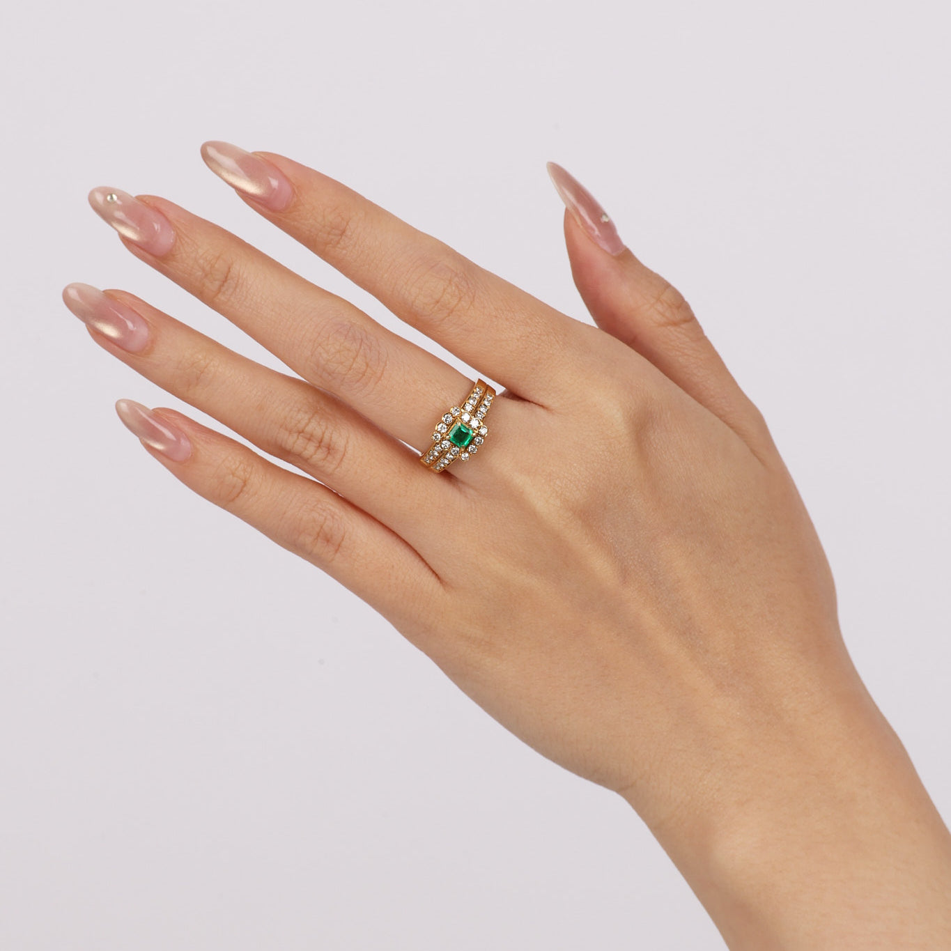 18K Yellow Gold Asscher Cut Emerald and Diamond Halo Ring