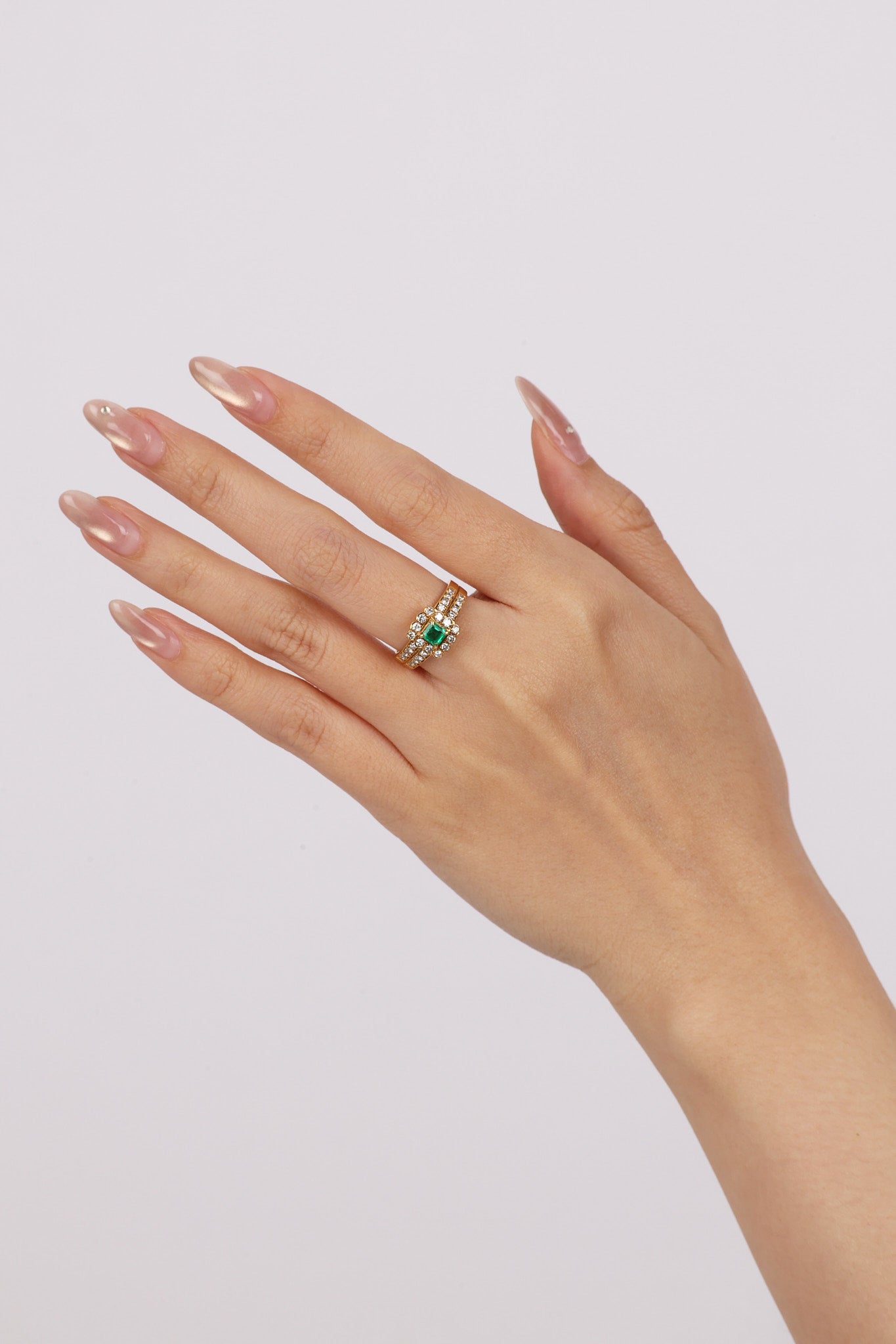 18K Yellow Gold Asscher Cut Emerald and Diamond Halo Ring