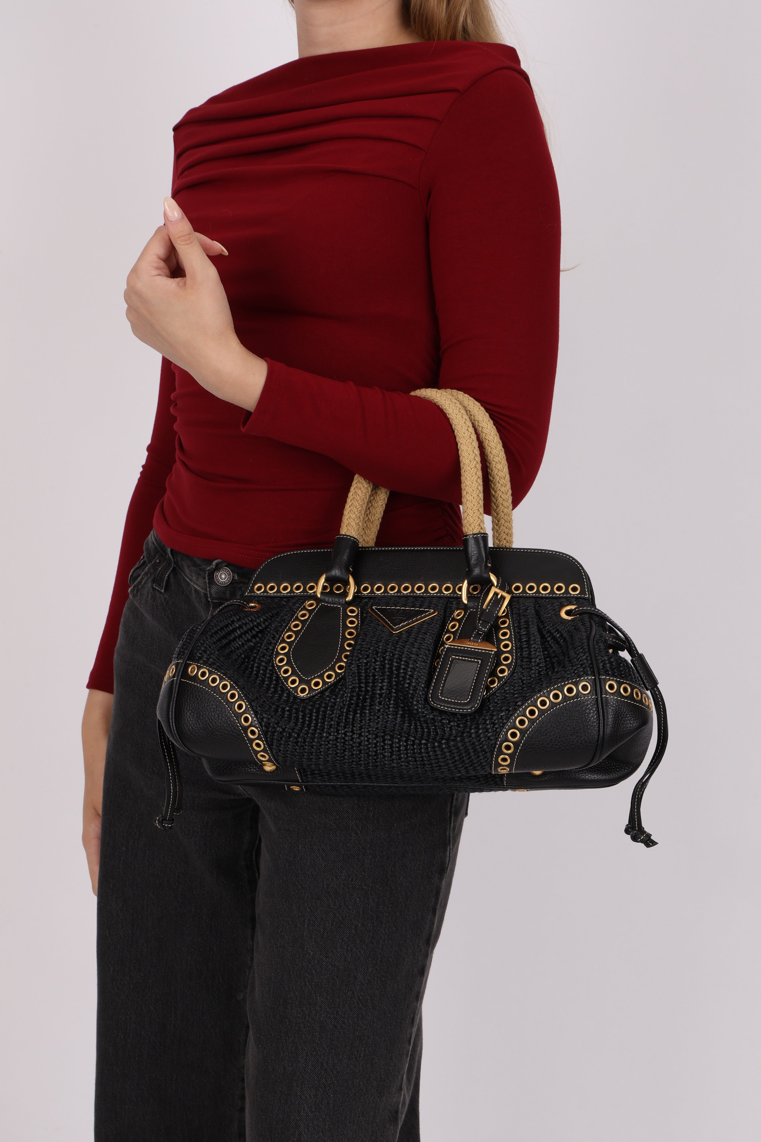 Prada Vitello Trimmed Paglia Frame Bag