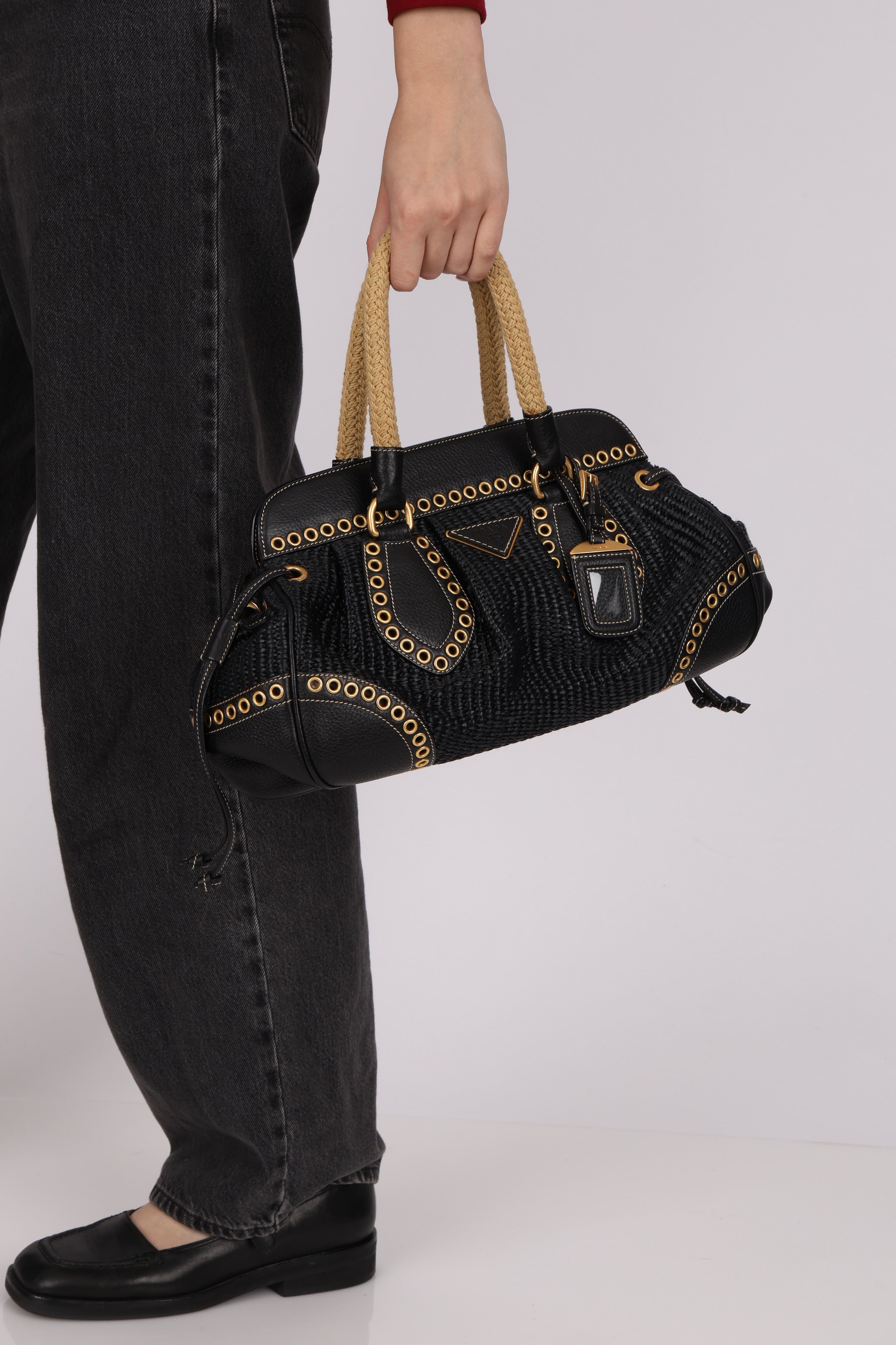 Prada Vitello Trimmed Paglia Frame Bag