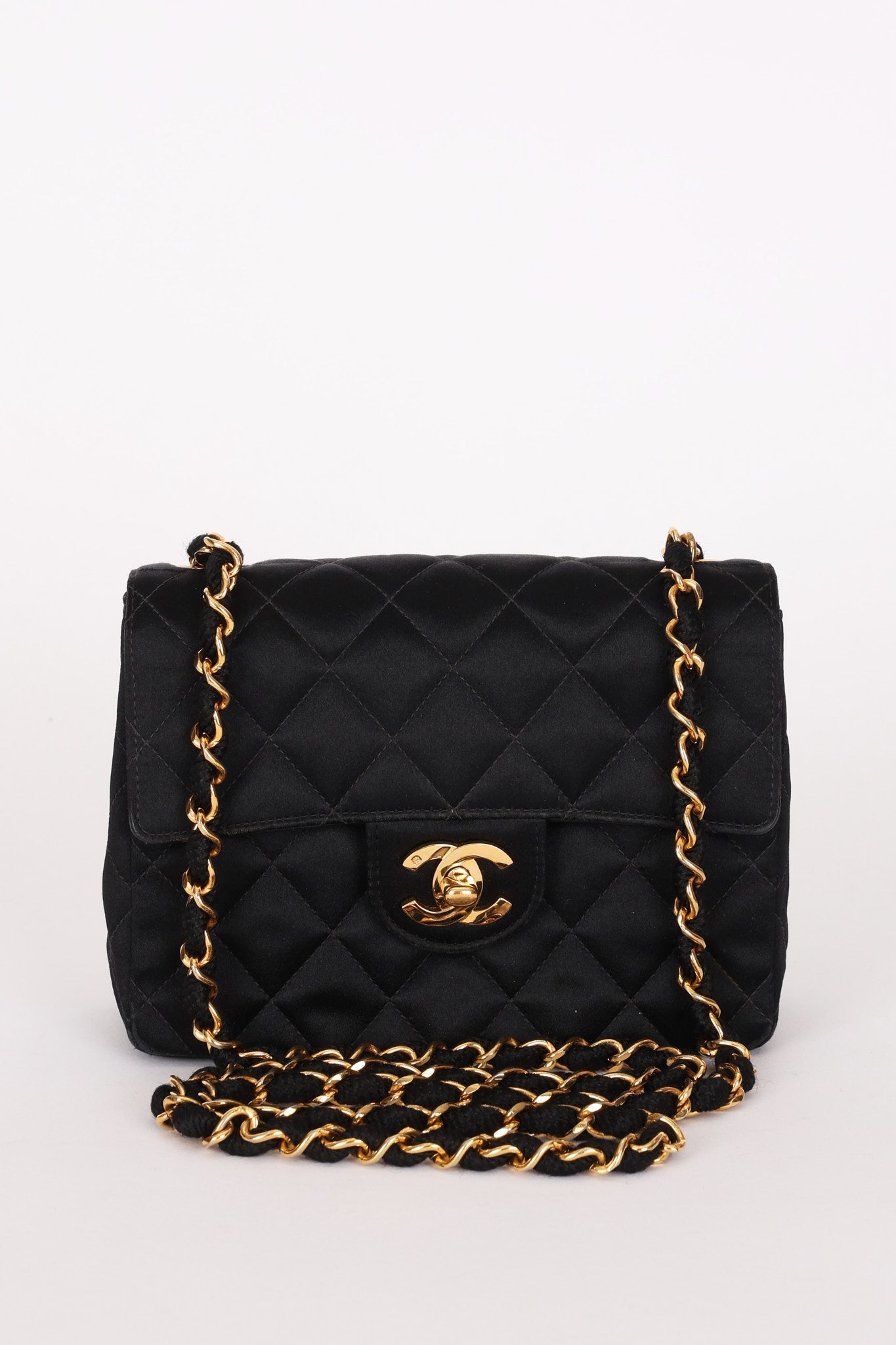 Chanel Mini Square Flap Black Satin 1994 24K GP
