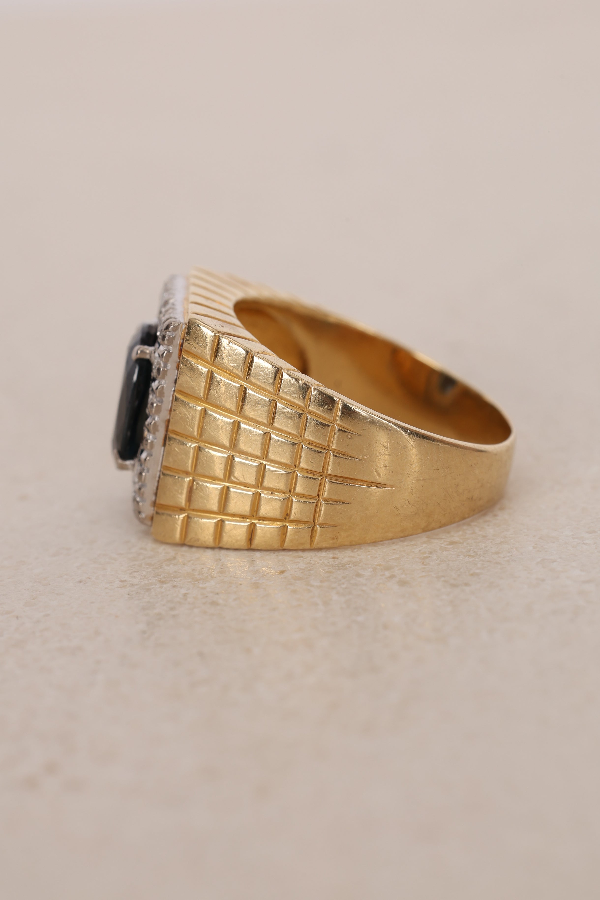 18K Yellow Gold Diamond and Sapphire Geometric Signet Ring, Size US 9.75 - Drop 12