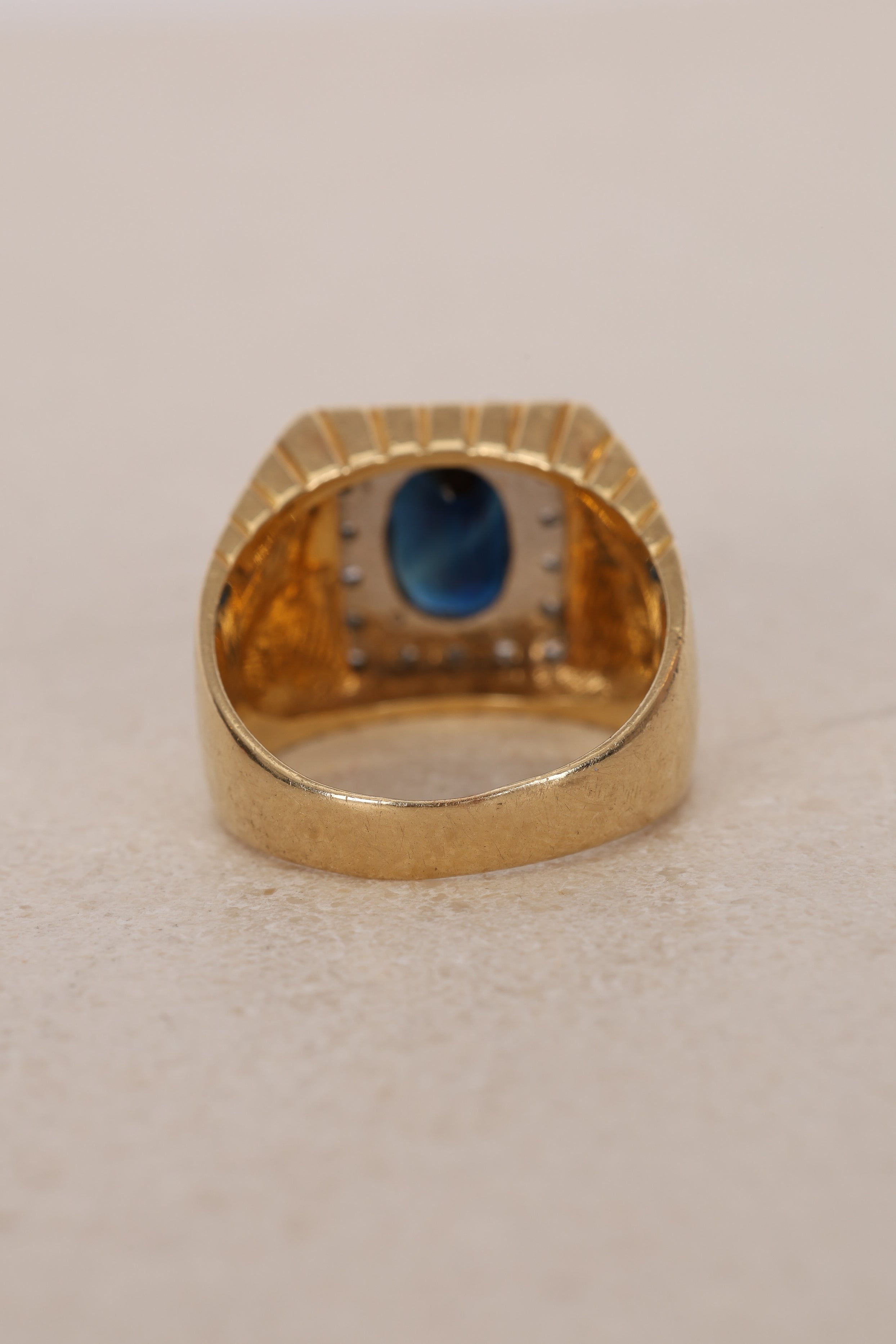 18K Yellow Gold Diamond and Sapphire Geometric Signet Ring, Size US 9.75 - Drop 12
