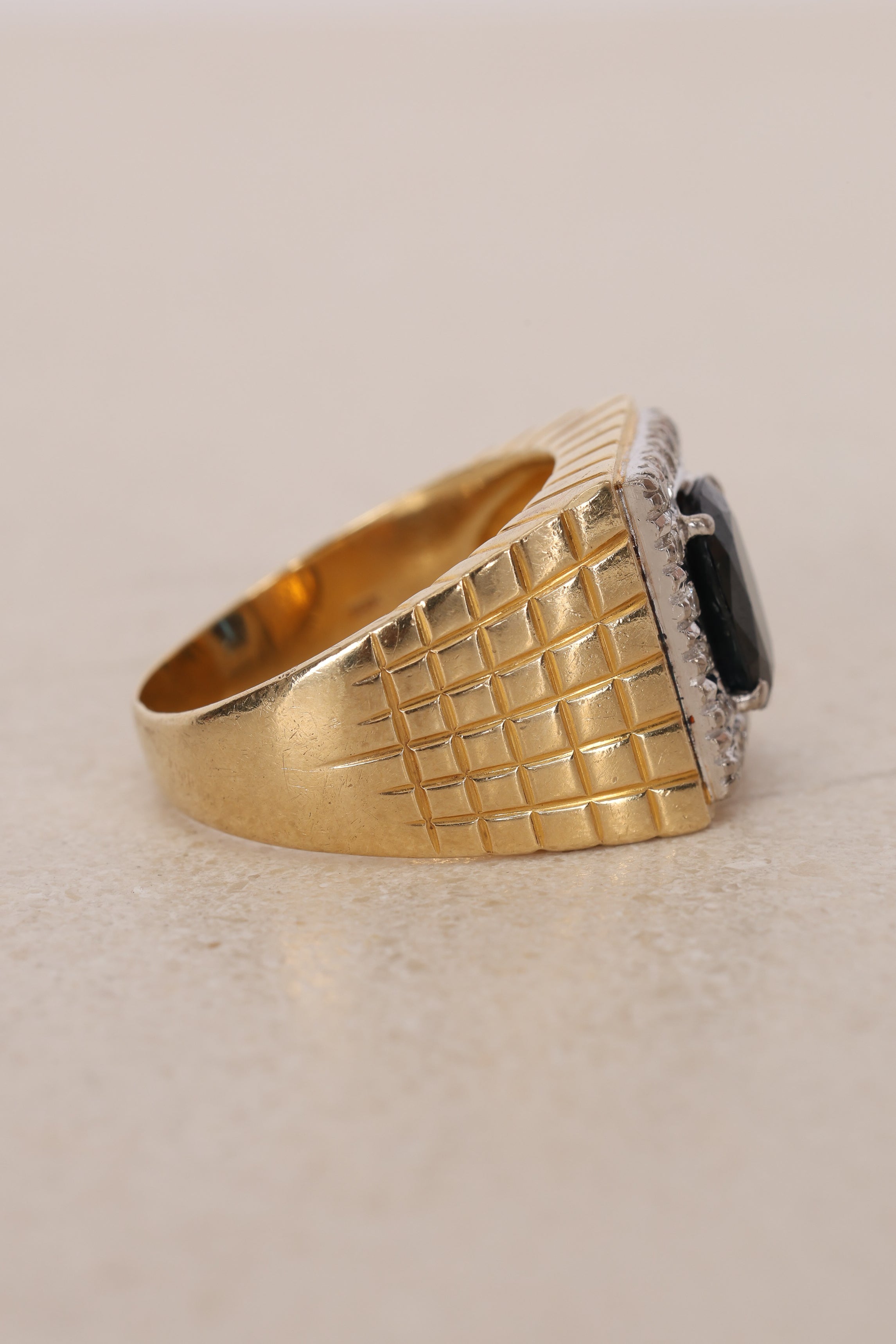 18K Yellow Gold Diamond and Sapphire Geometric Signet Ring, Size US 9.75 - Drop 12