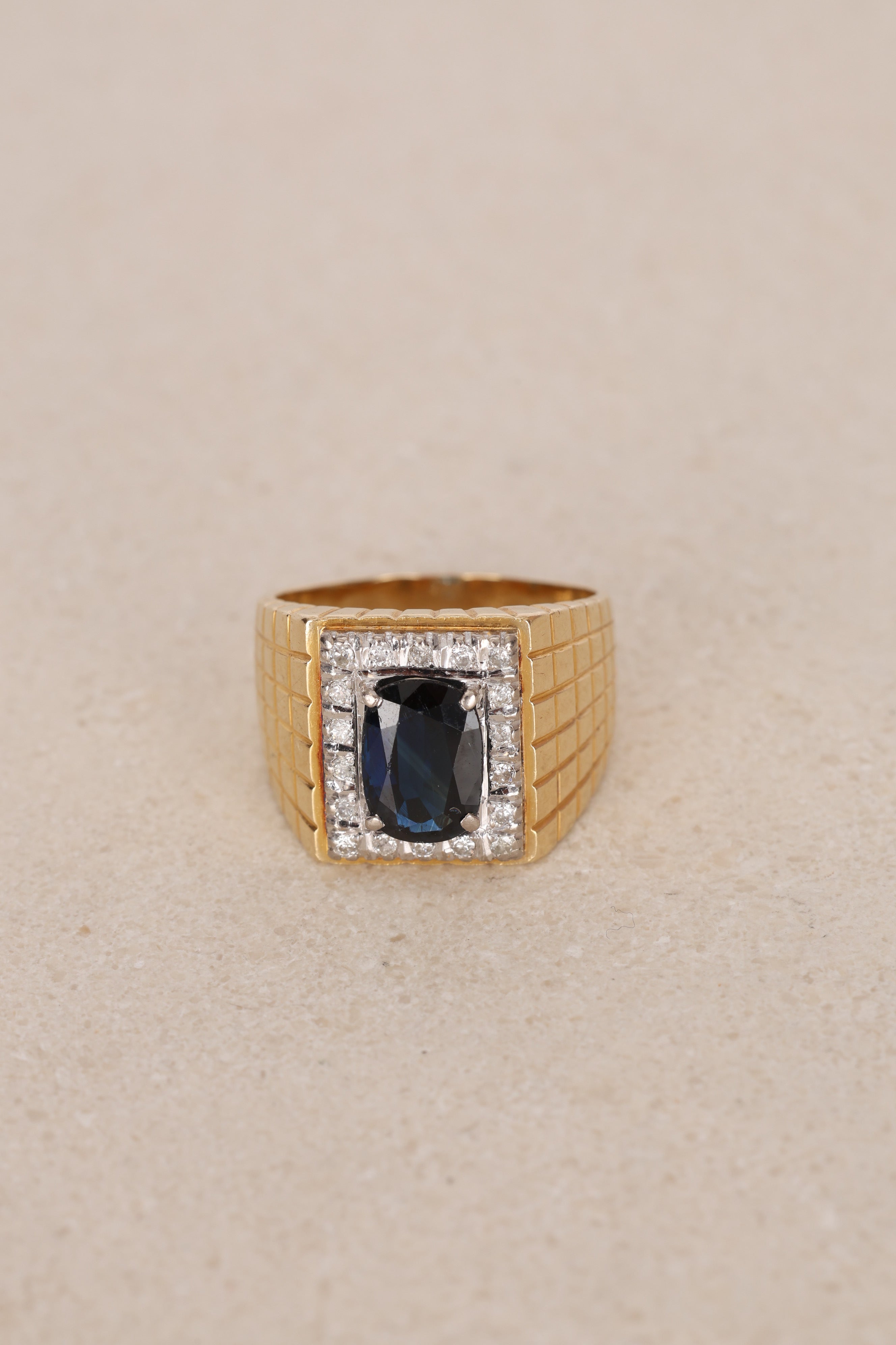 18K Yellow Gold Diamond and Sapphire Geometric Signet Ring, Size US 9.75