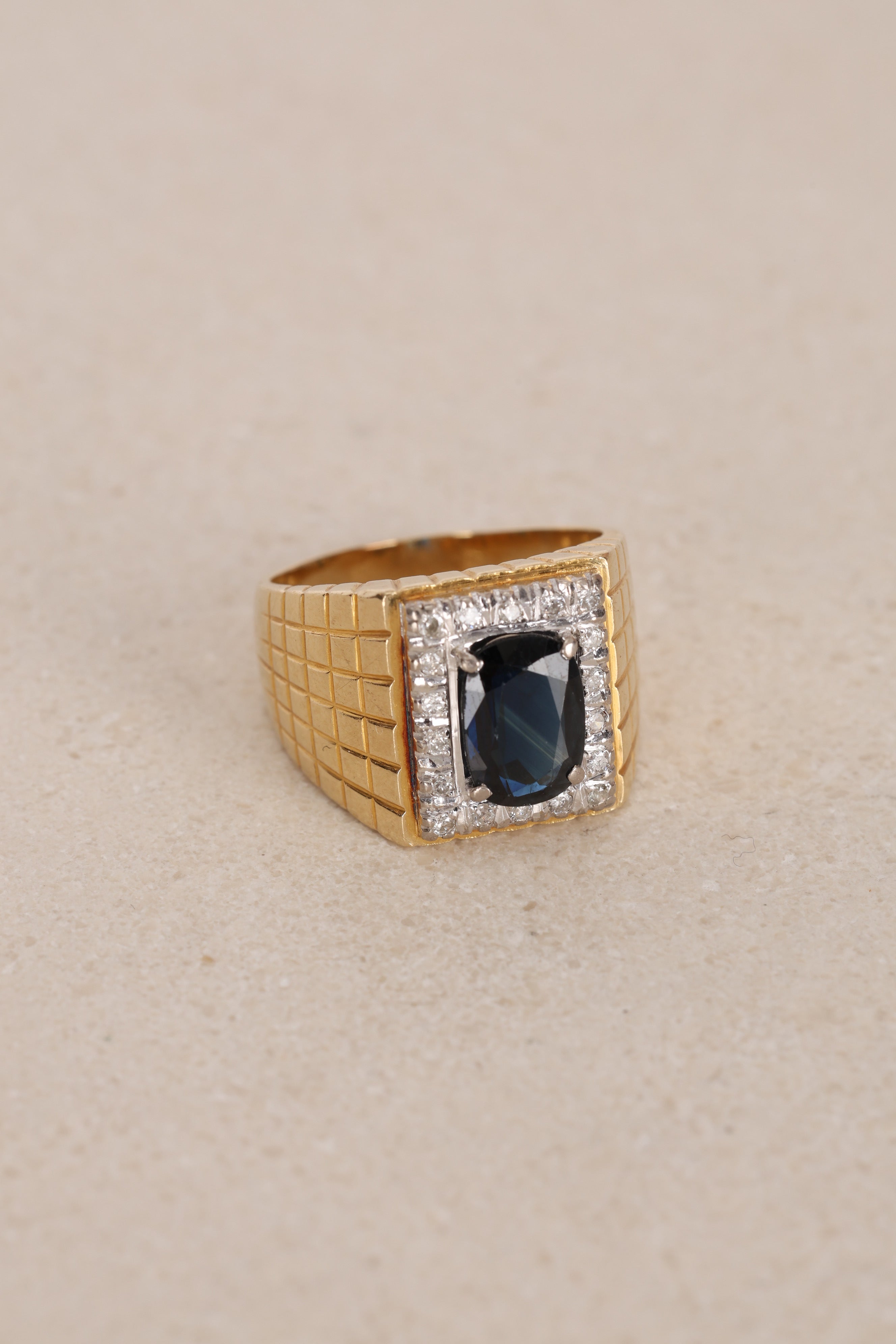 18K Yellow Gold Diamond and Sapphire Geometric Signet Ring, Size US 9.75
