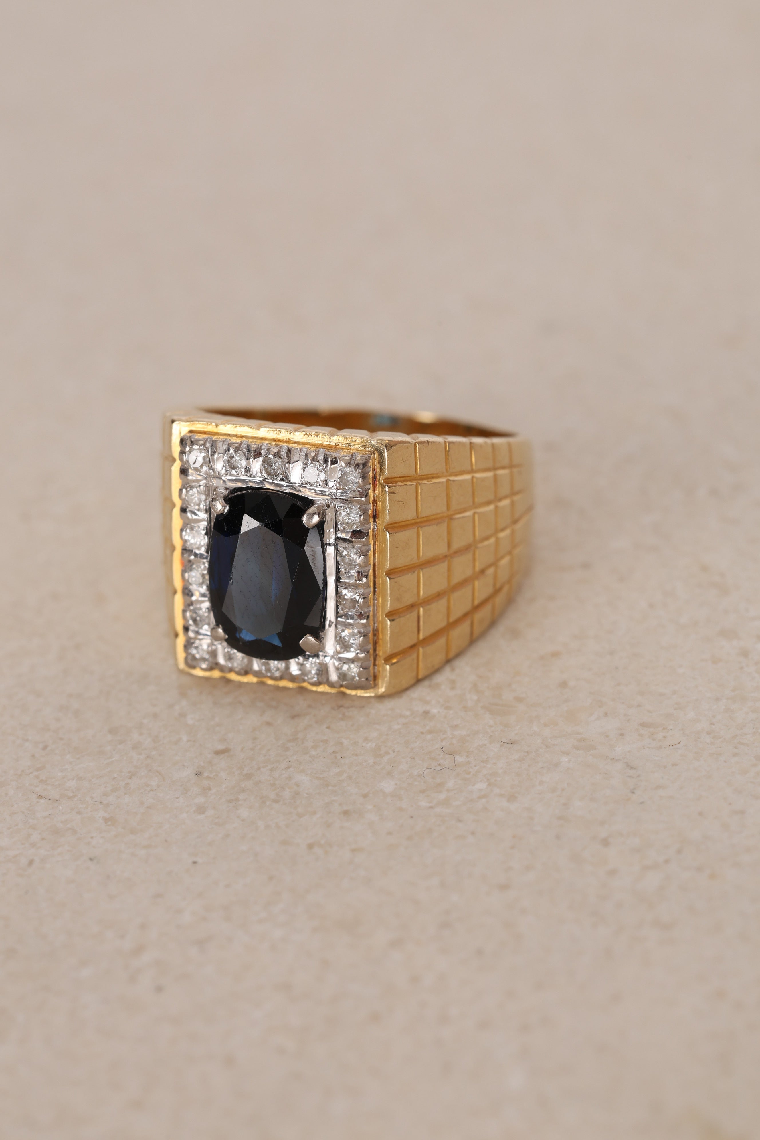 18K Yellow Gold Diamond and Sapphire Geometric Signet Ring, Size US 9.75