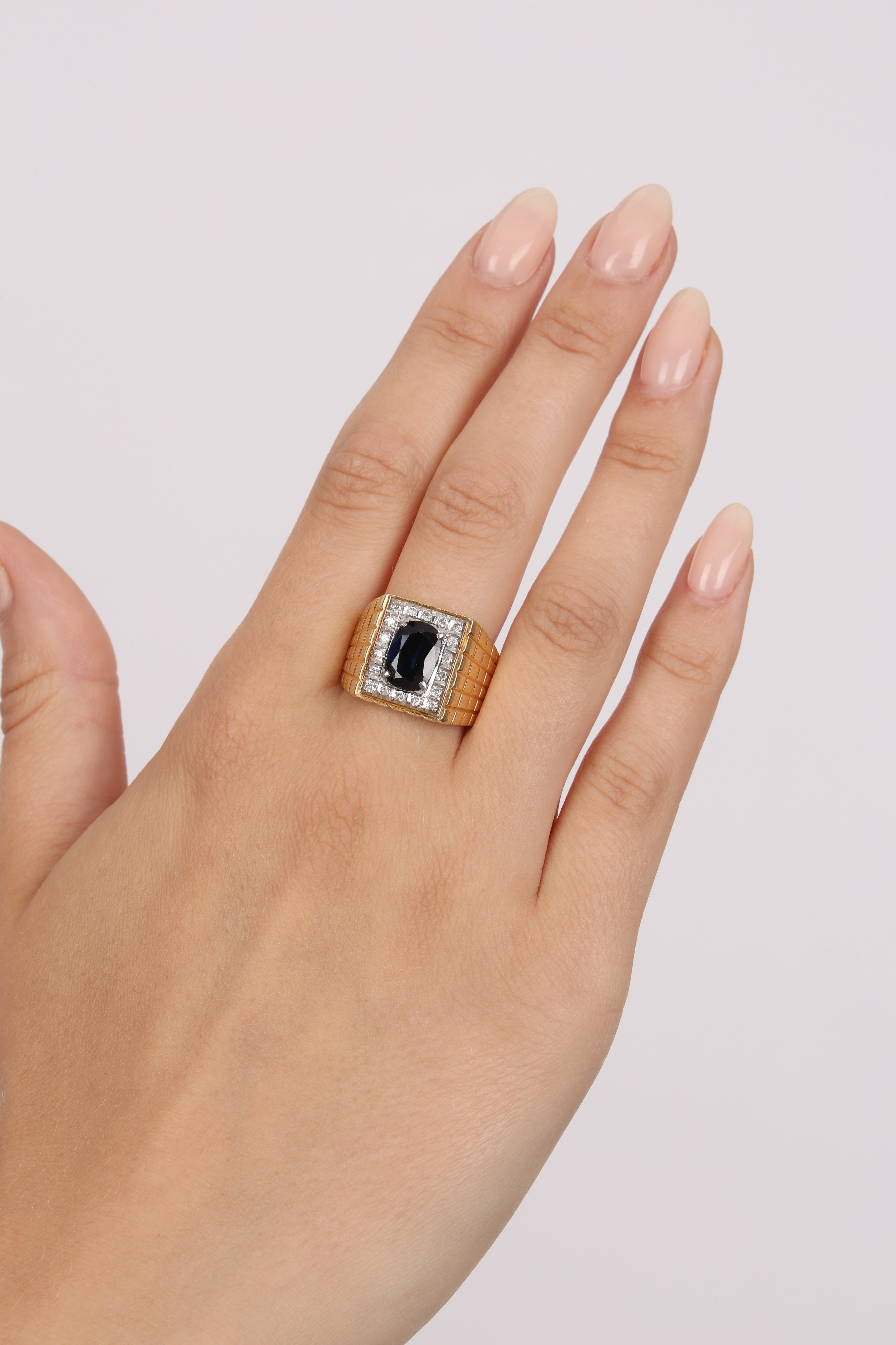 18K Yellow Gold Diamond and Sapphire Geometric Signet Ring, Size US 9.75